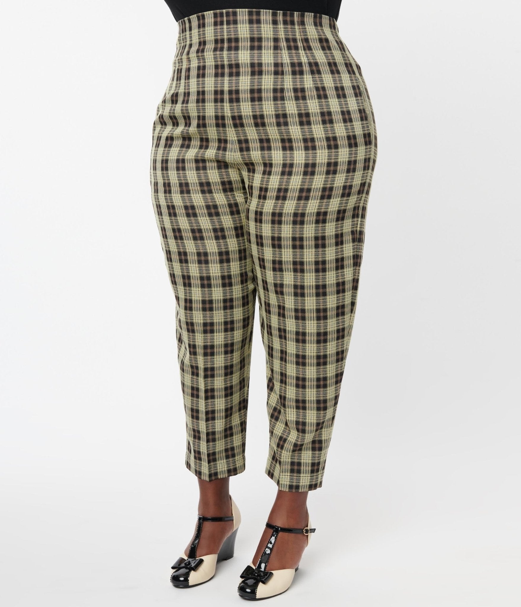 Unique Vintage Plus Size 1930s Cream & Black Plaid Front Pleat Pants