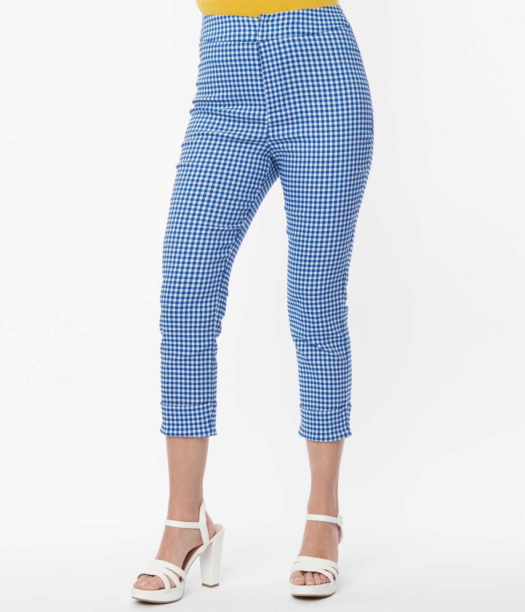 Smak Parlour Blue Gingham Tulip Pocket Smarty Pants Capri