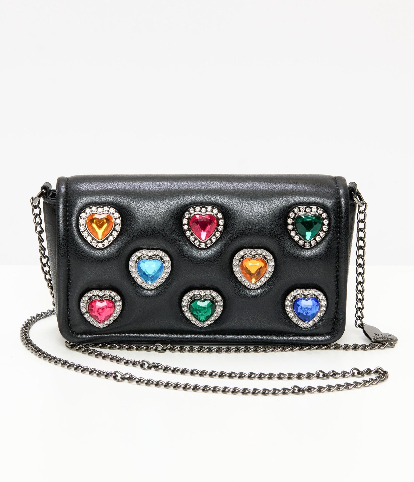 Betsey Johnson Black Leatherette Bejeweled Hearts Crossbody Bag