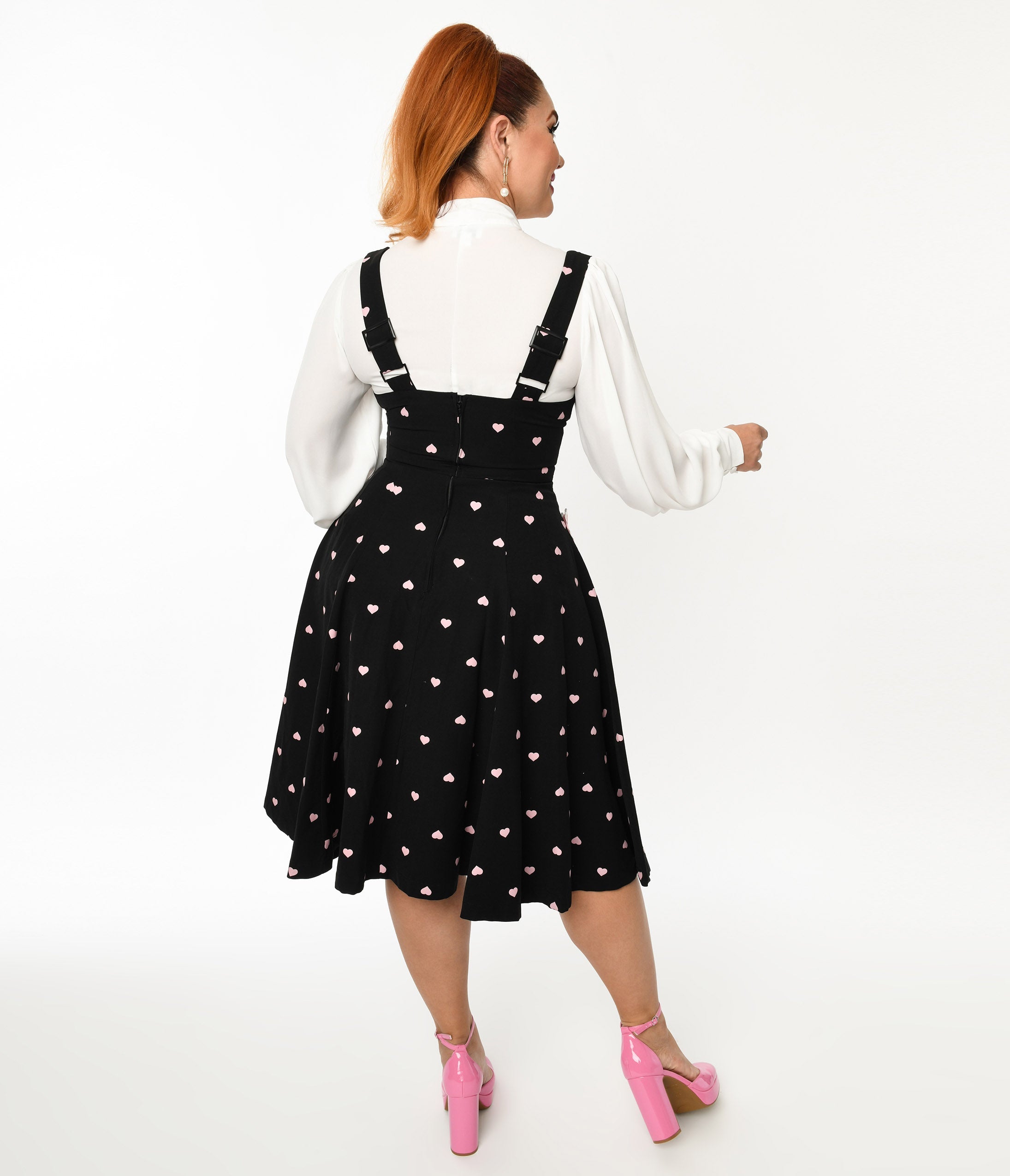 Unique Vintage Black & Pink Heart Amma Suspender Swing Skirt