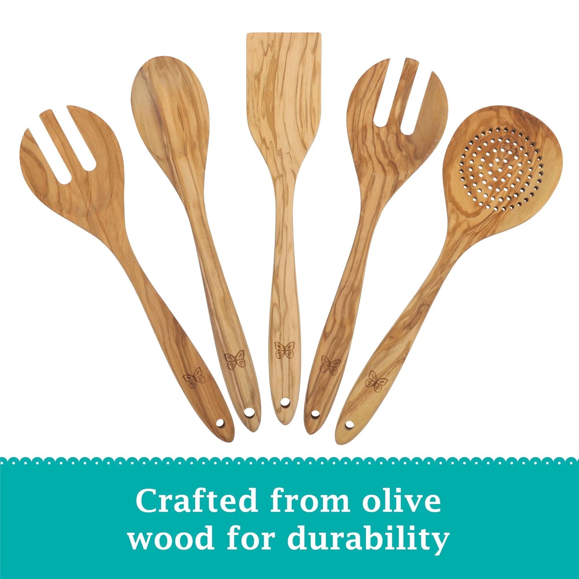 The Pioneer Woman PWD4968818141ET 5 Piece Olivewood Kitchen Cooking Utensil Tool Set