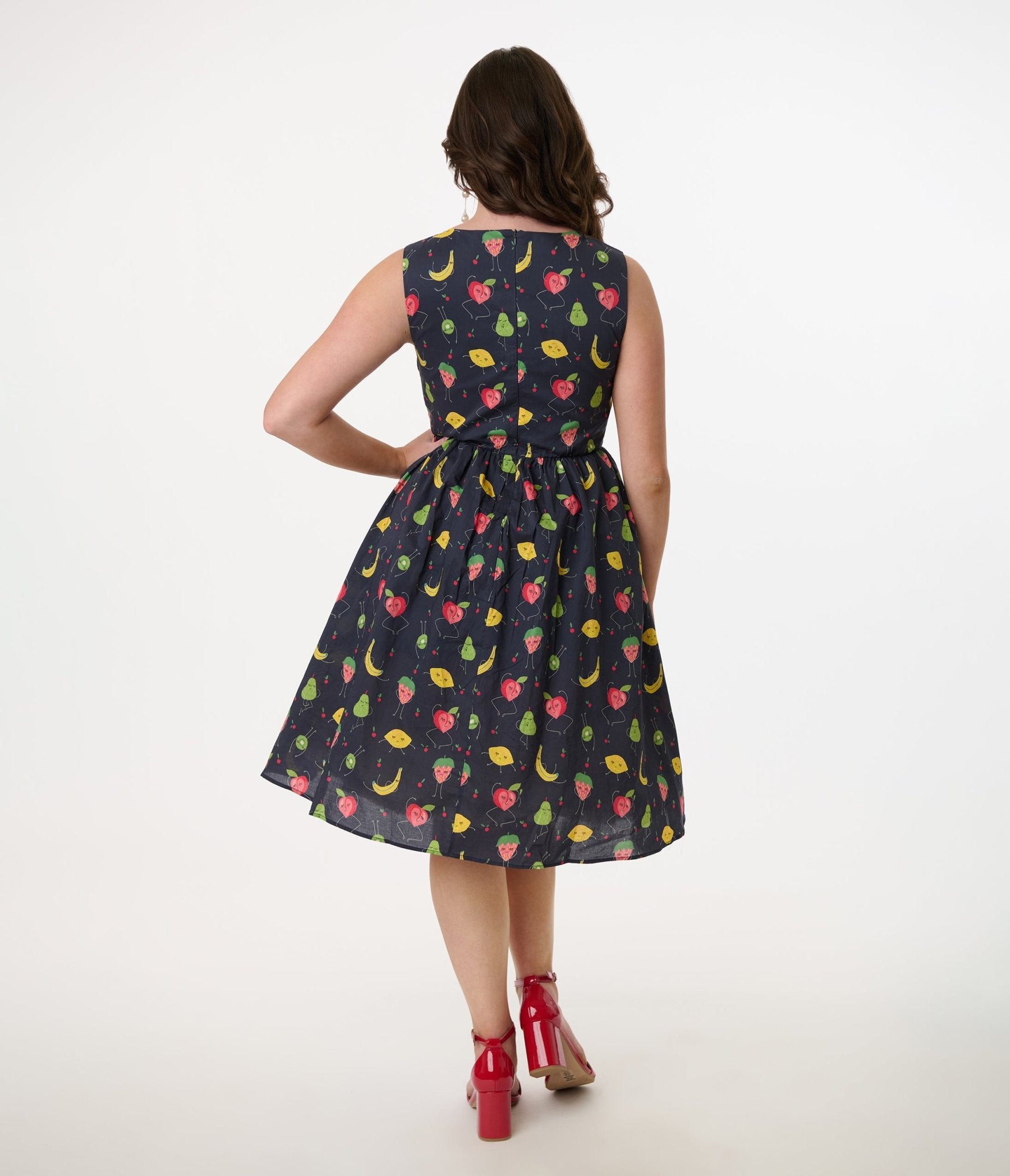 1950s Navy & Fruit Print Sleeveless Cotton Swing Dress