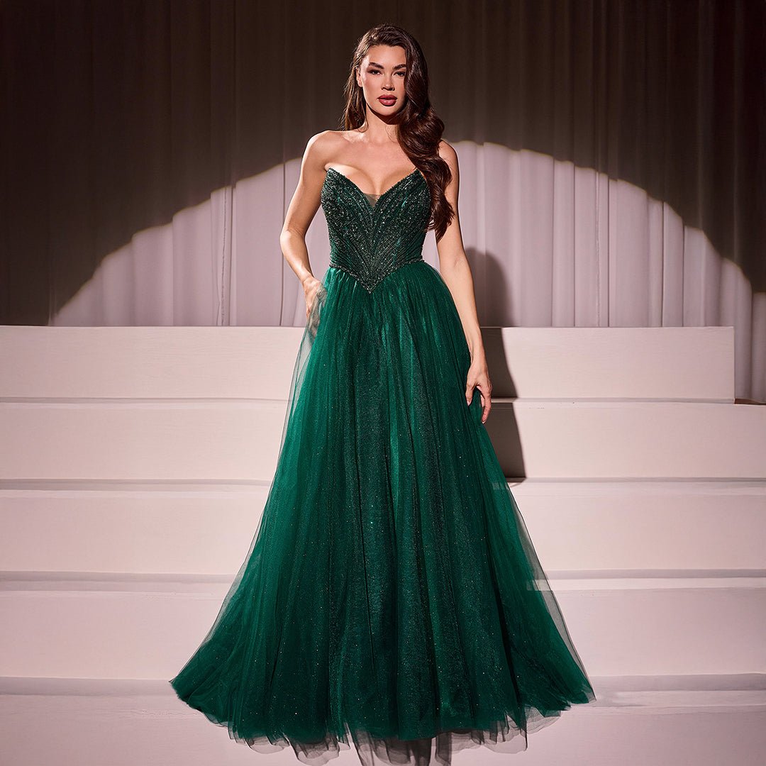 Ladivine by Cinderella Divine Emerald Beaded Strapless Tulle Prom Dress