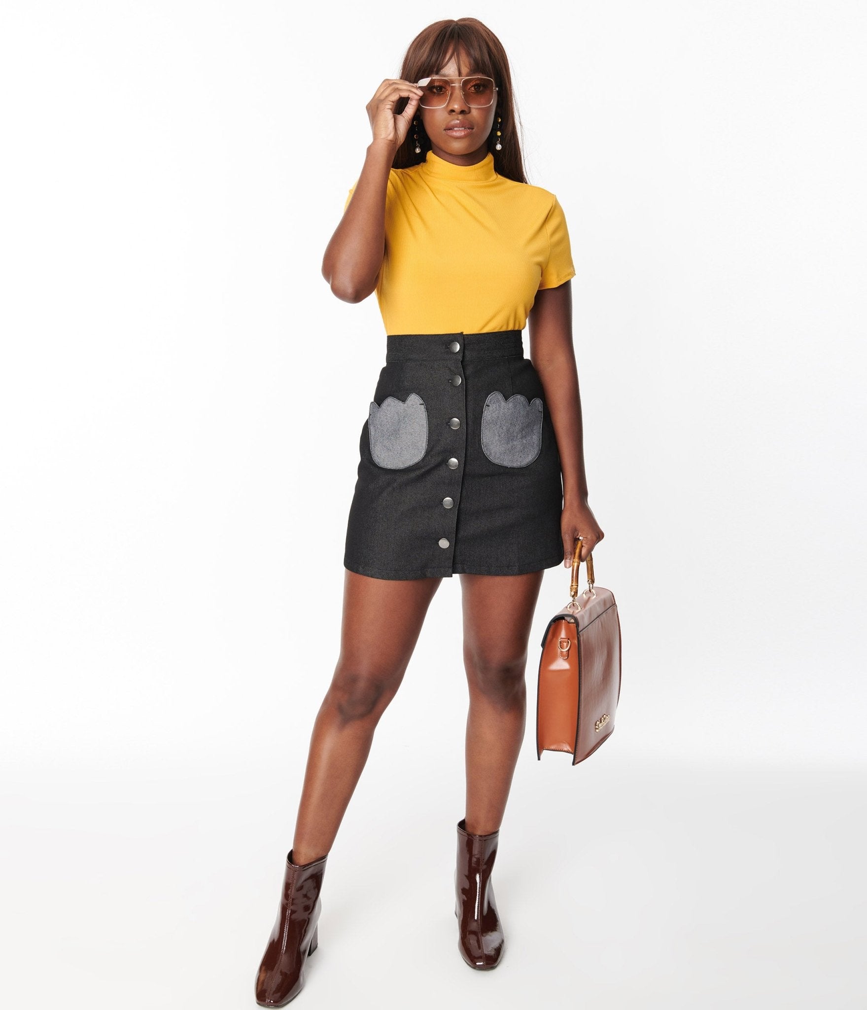 Smak Parlour Black Denim Tulip Patch Pocket Skirt