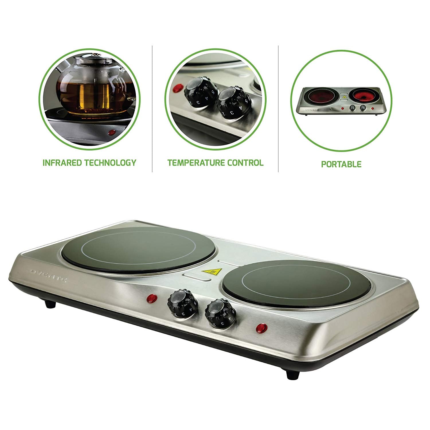 Ovente BGI102S Countertop Burner, Infrared Ceramic Glass Double Plate Cooktop, Indoor and Outdoor Portable Stove, 1700 Watts