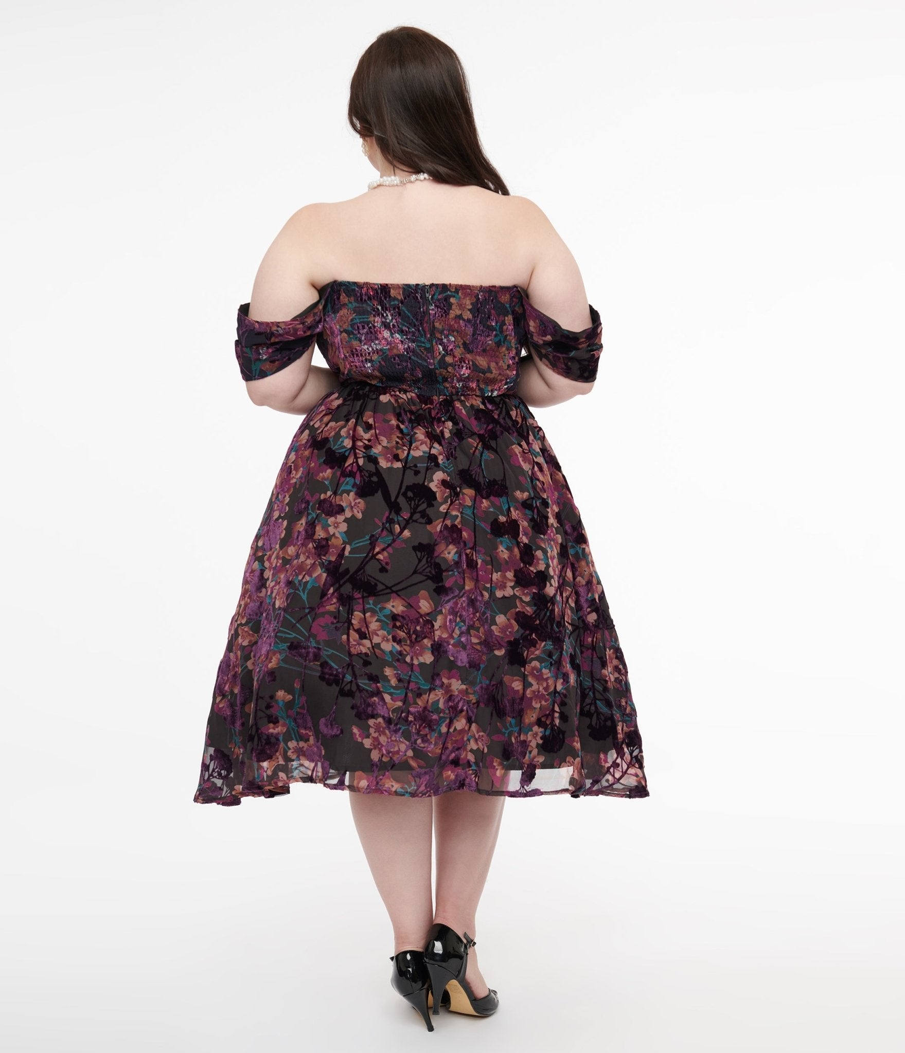 Unique Vintage Plus Size 1950s Purple Floral Velvet Burnout Off Shoulder Flare Dress