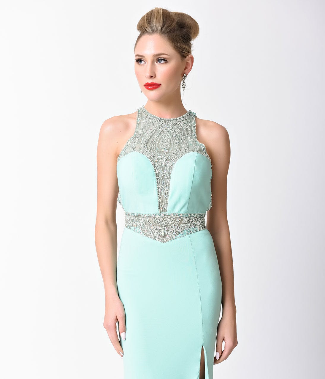 Mint Blue Fitted Jeweled Split Long Dress