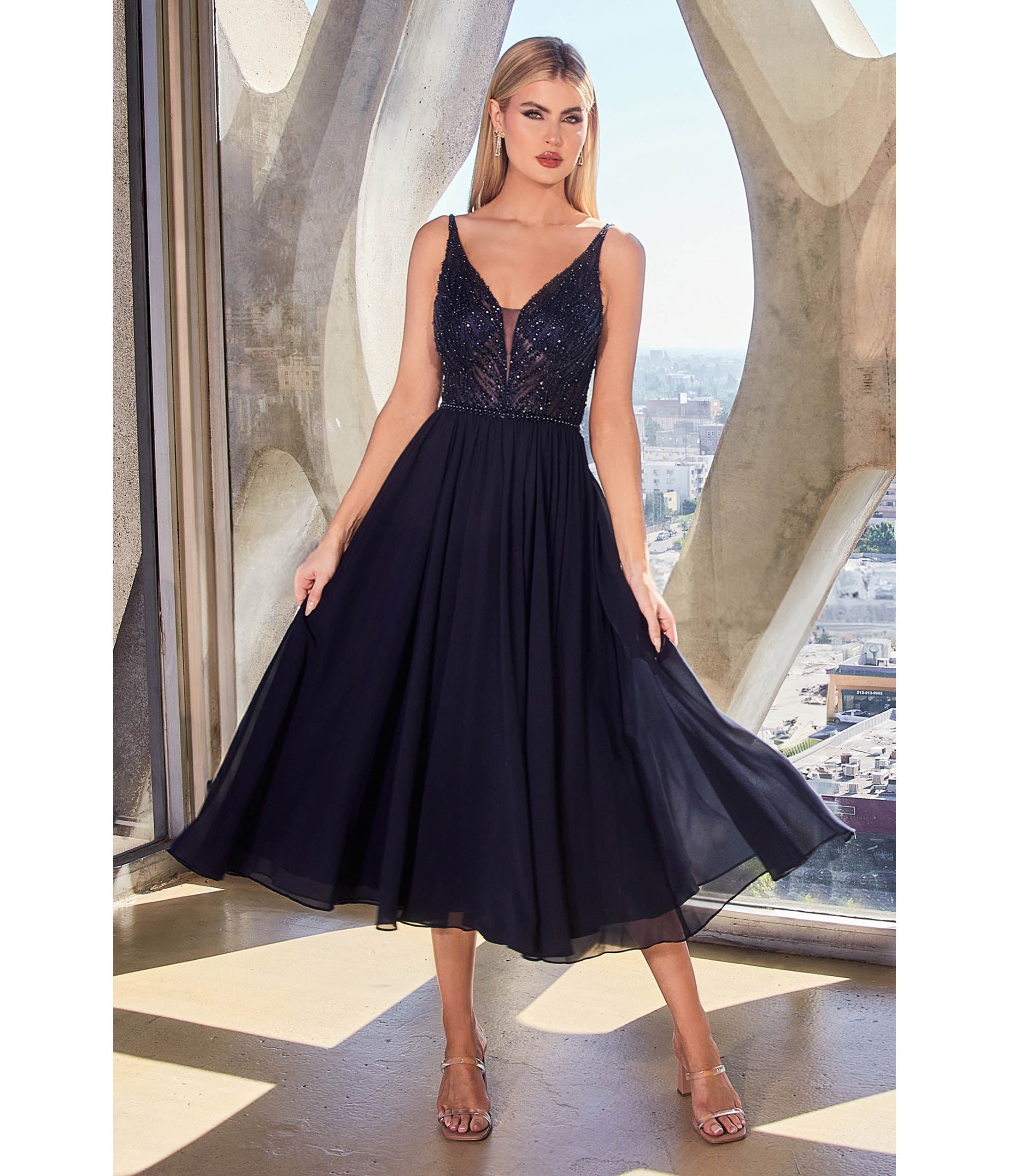 Ladivine by Cinderella Divine Navy Beaded Chiffon Tea Length Dress