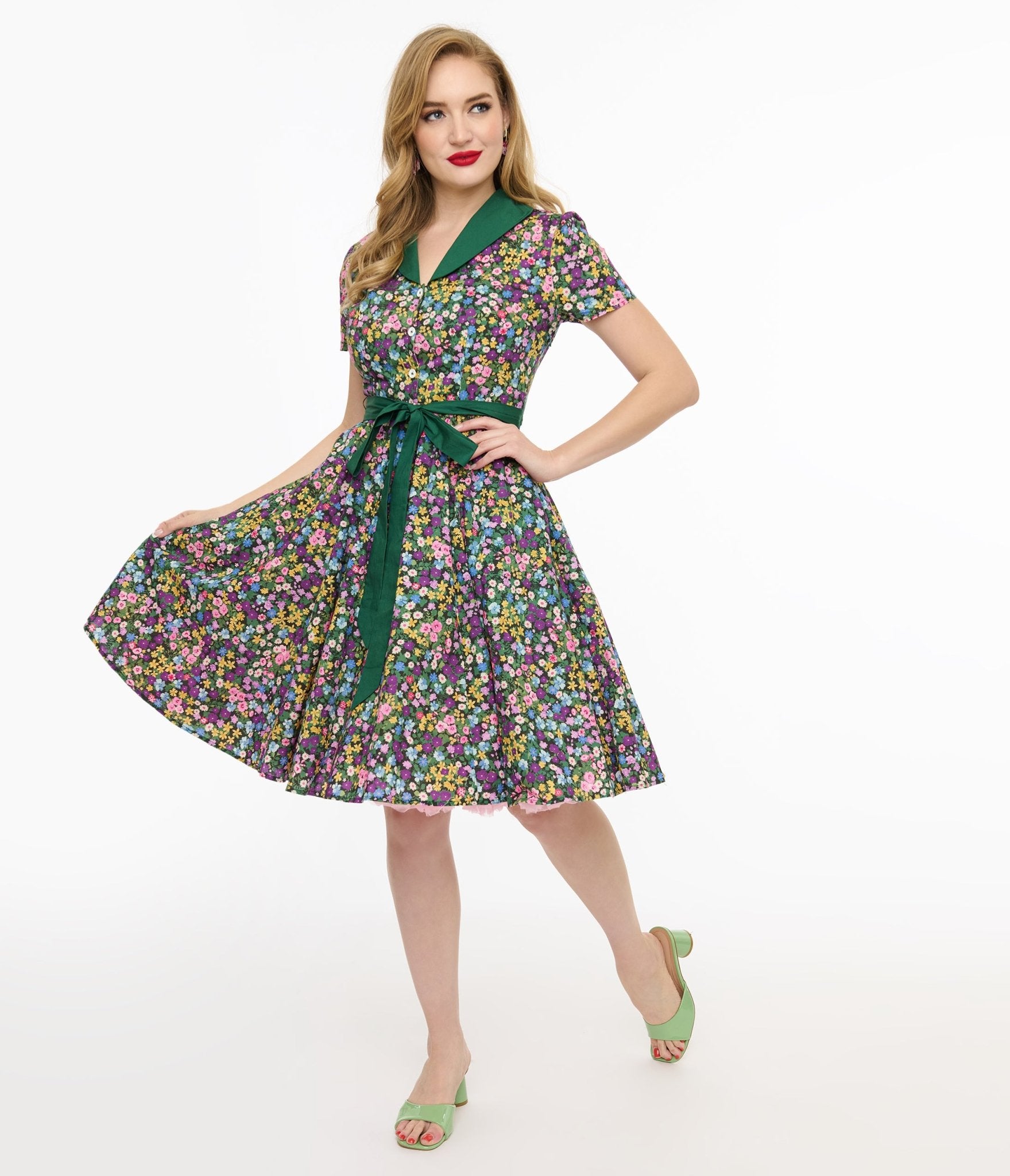 Unique Vintage 1950s Green Ditsy Floral Cotton Shirt Dress