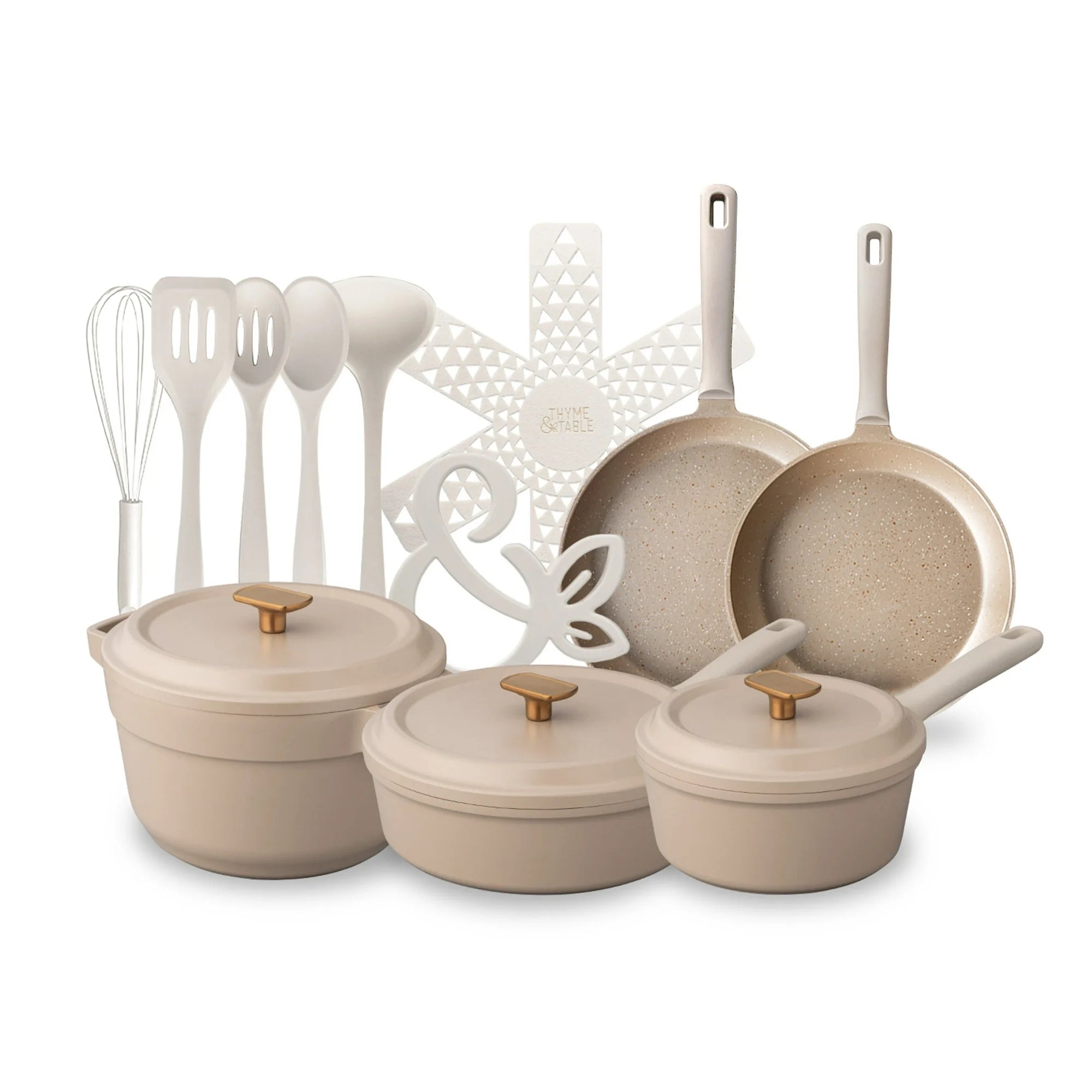 Thyme & Table TT1145RP-ECOM Diecast 18-Piece Cookware & Silicone Utensil Set Non-Stick - Cream