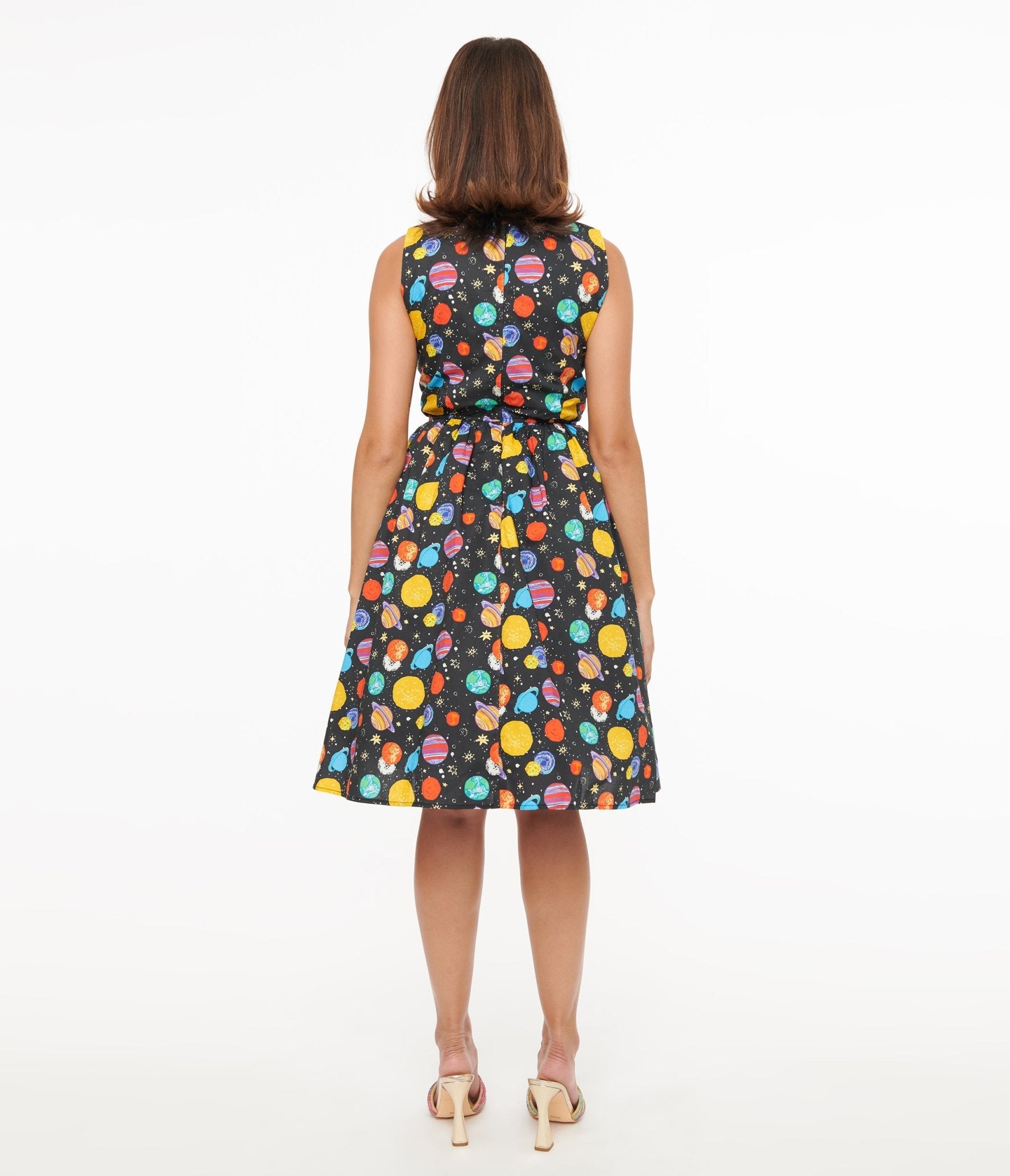 1950s Black & Multicolor Planets Cotton Swing Dress