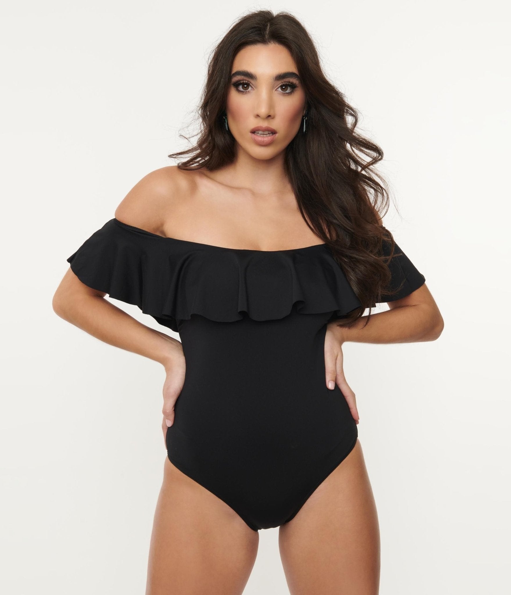 1970s Black Off Shoulder Ruffle Swimsuit