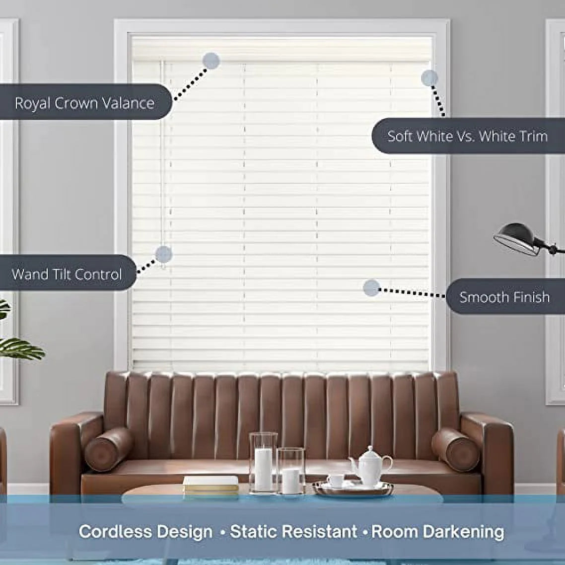 Lotus & Windoware FCX47548WH Cordless 2 Faux Wood Room Darkening Horizontal Blind, 47.5W x 48L, Soft White