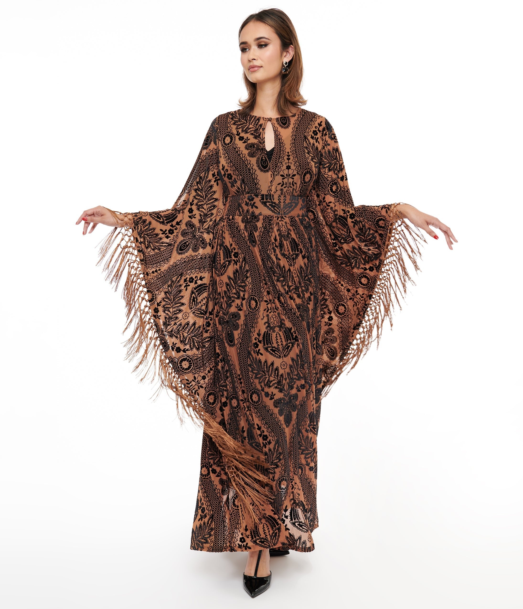 Unique Vintage 1960s Black & Nude Floral Fringe Flutter Sleeve Caftan