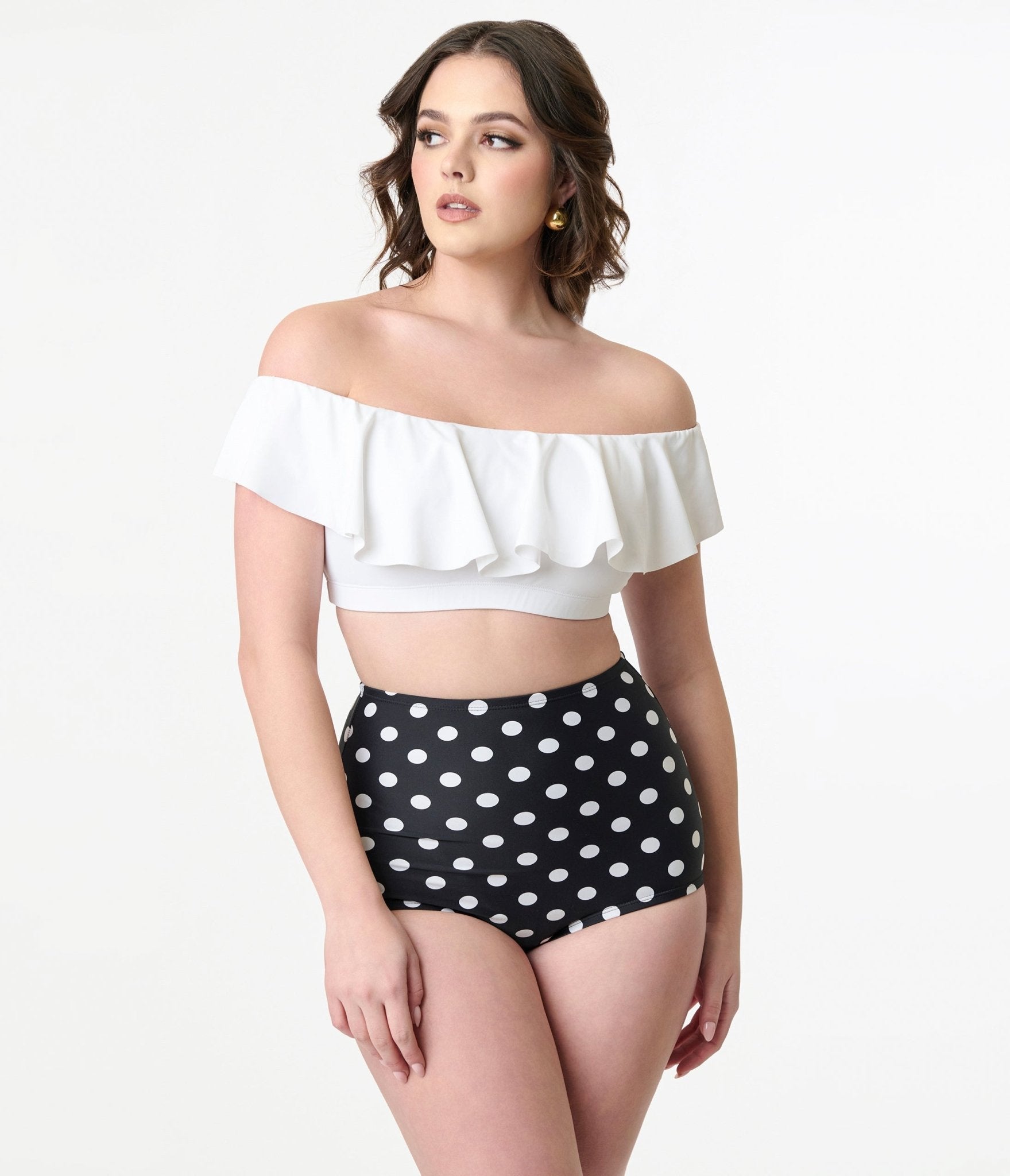 Unique Vintage Black & White Dotted Button High Waist Louise Swim Bottoms