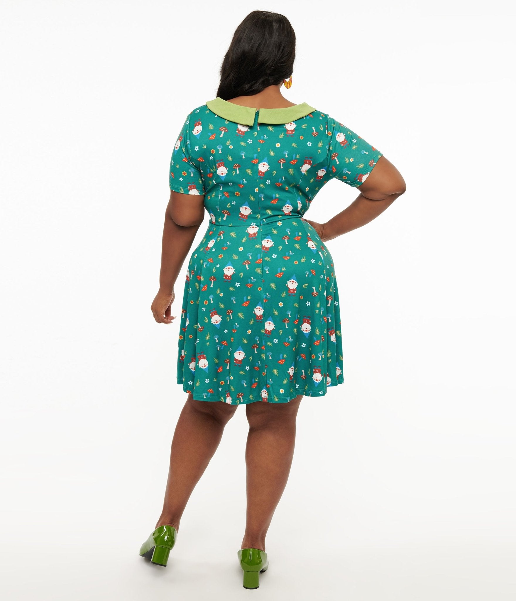 Unique Vintage Plus Size 1950s Green Gnome Print Fit & Flare Dress