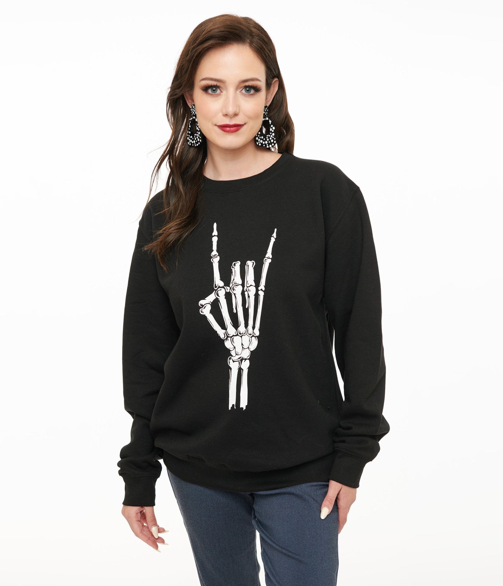 Pretty Attitude Clothing Metal Horns Skeleton Hand Sweatshirt