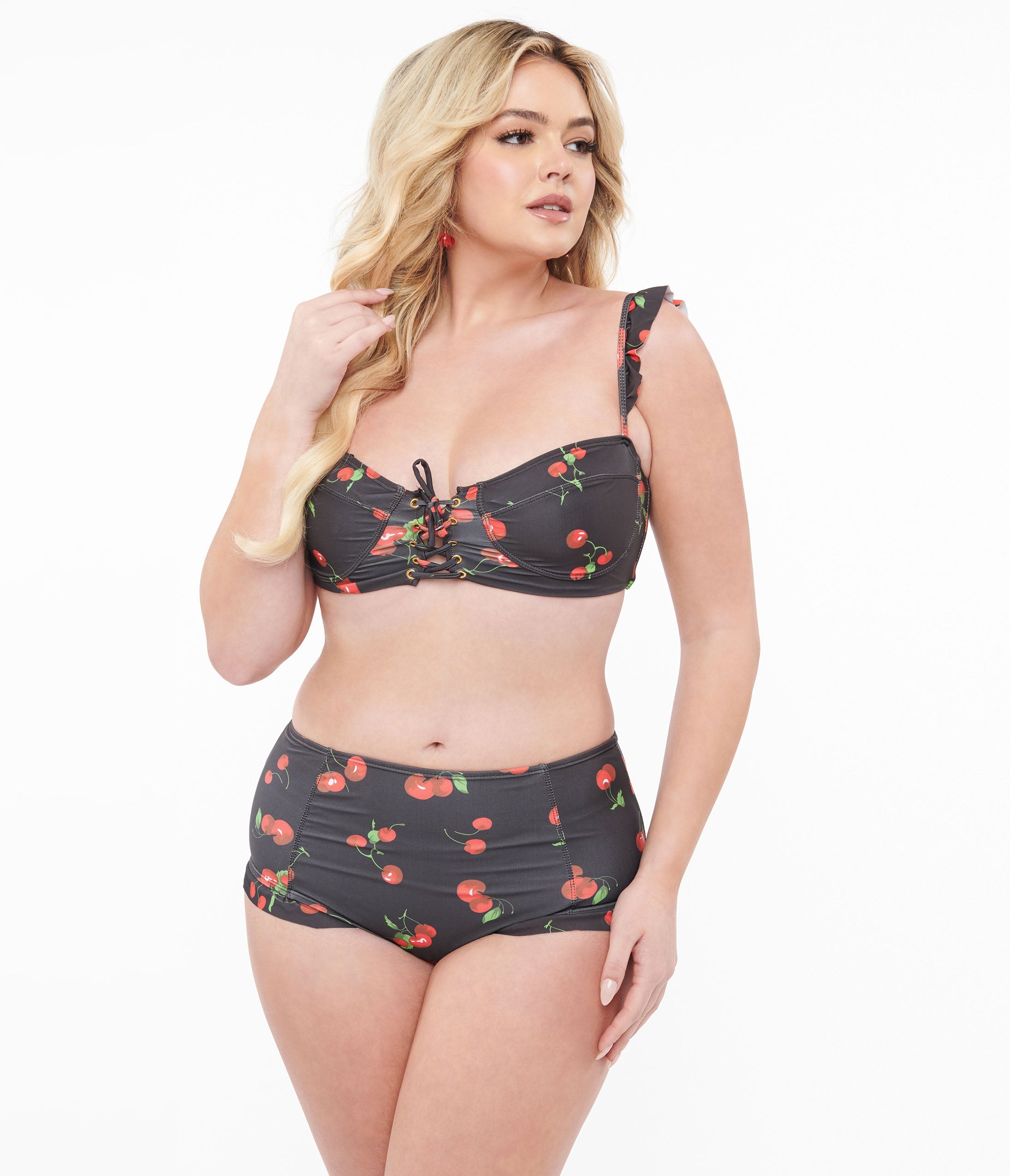 Black & Cherry Print Two Piece Swim Set