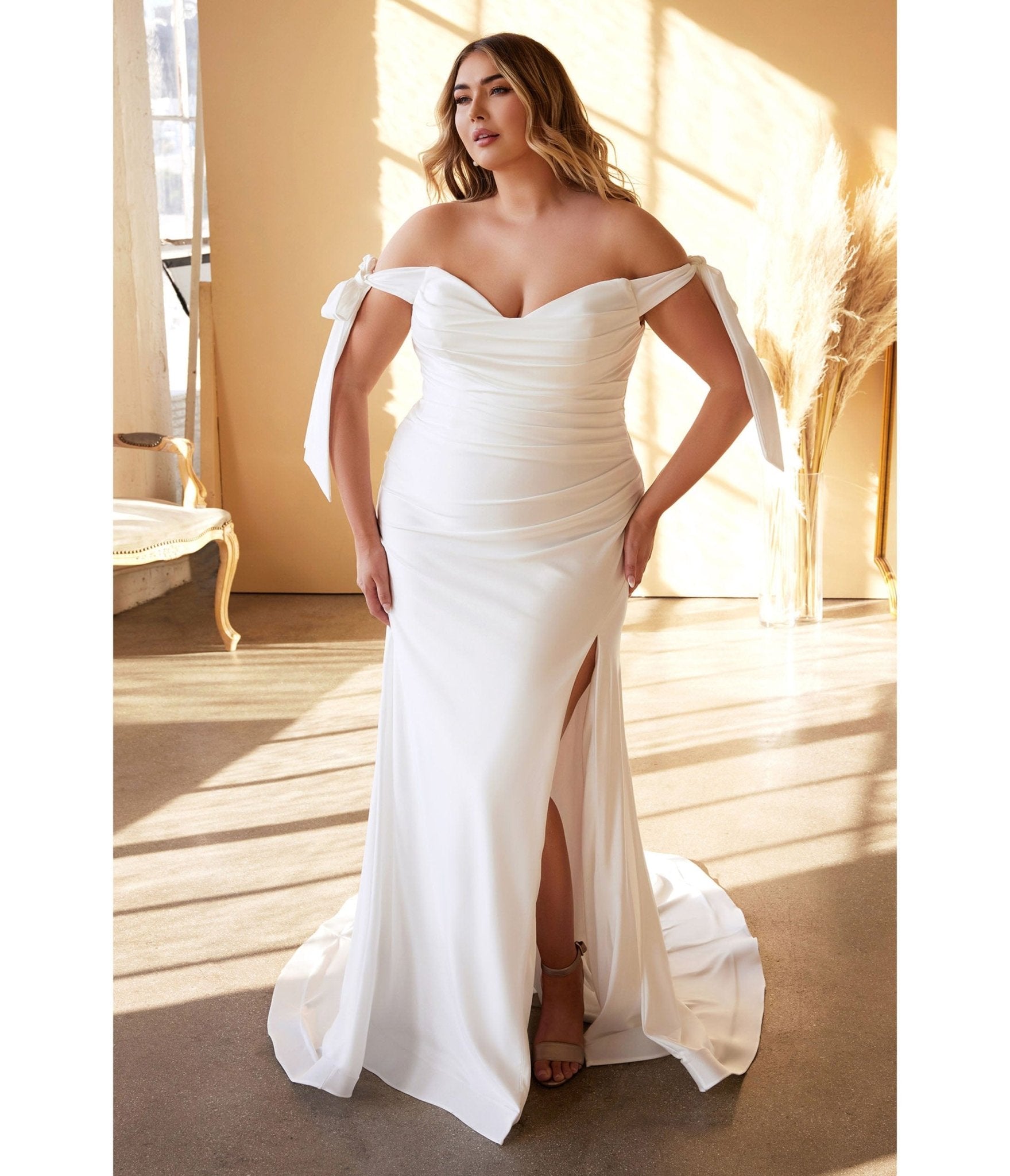 Ladivine by Cinderella Divine Plus Size White Off The Shoulder Trumpet Bridal Gown