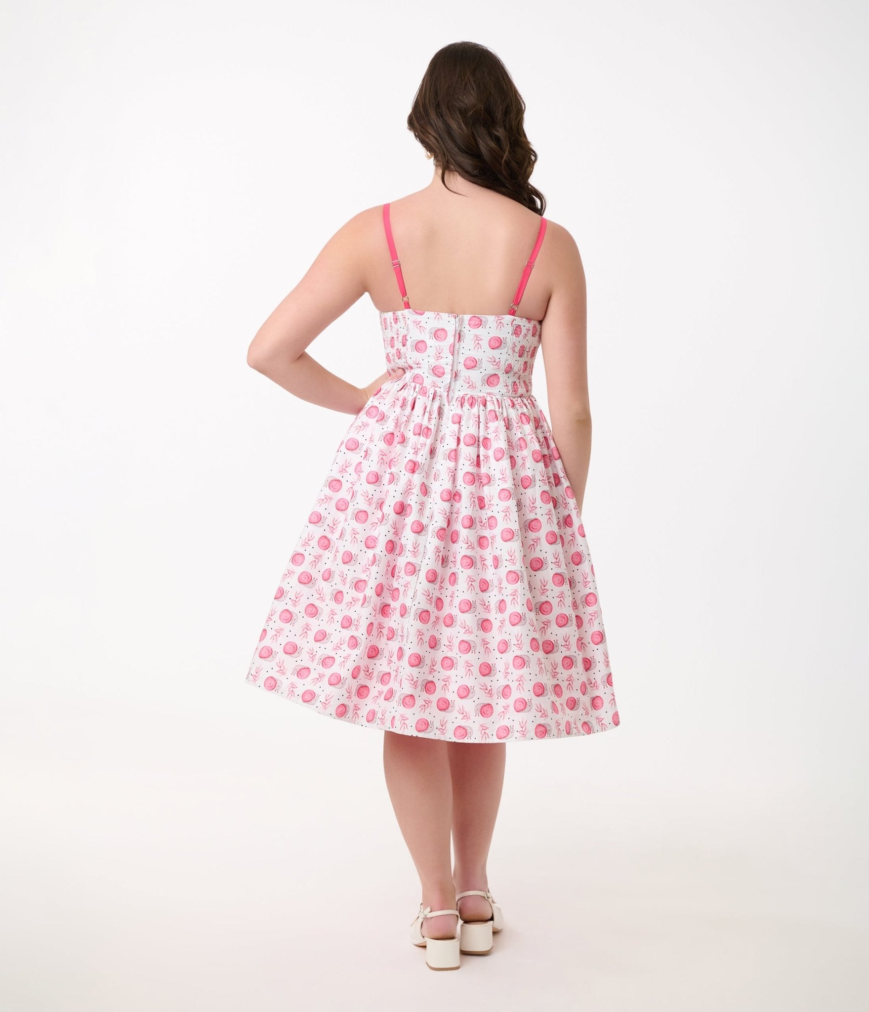 Unique Vintage 1950s White & Pink Snail Cotton Swing Dress