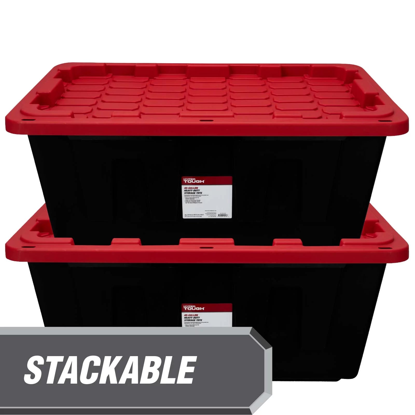 Hyper Tough 206307 40 Gallon Snap Lid Plastic Storage Bin Container, Black with Red Lid, Set of 3