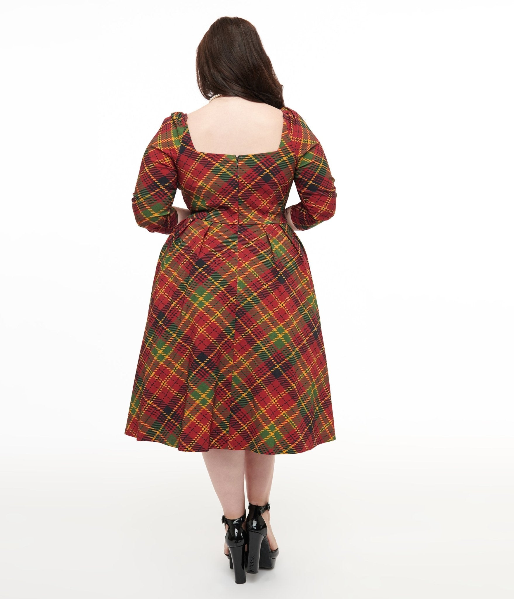 Unique Vintage Plus Size 1950s Burnt Orange & Green Plaid Lamar Swing Dress