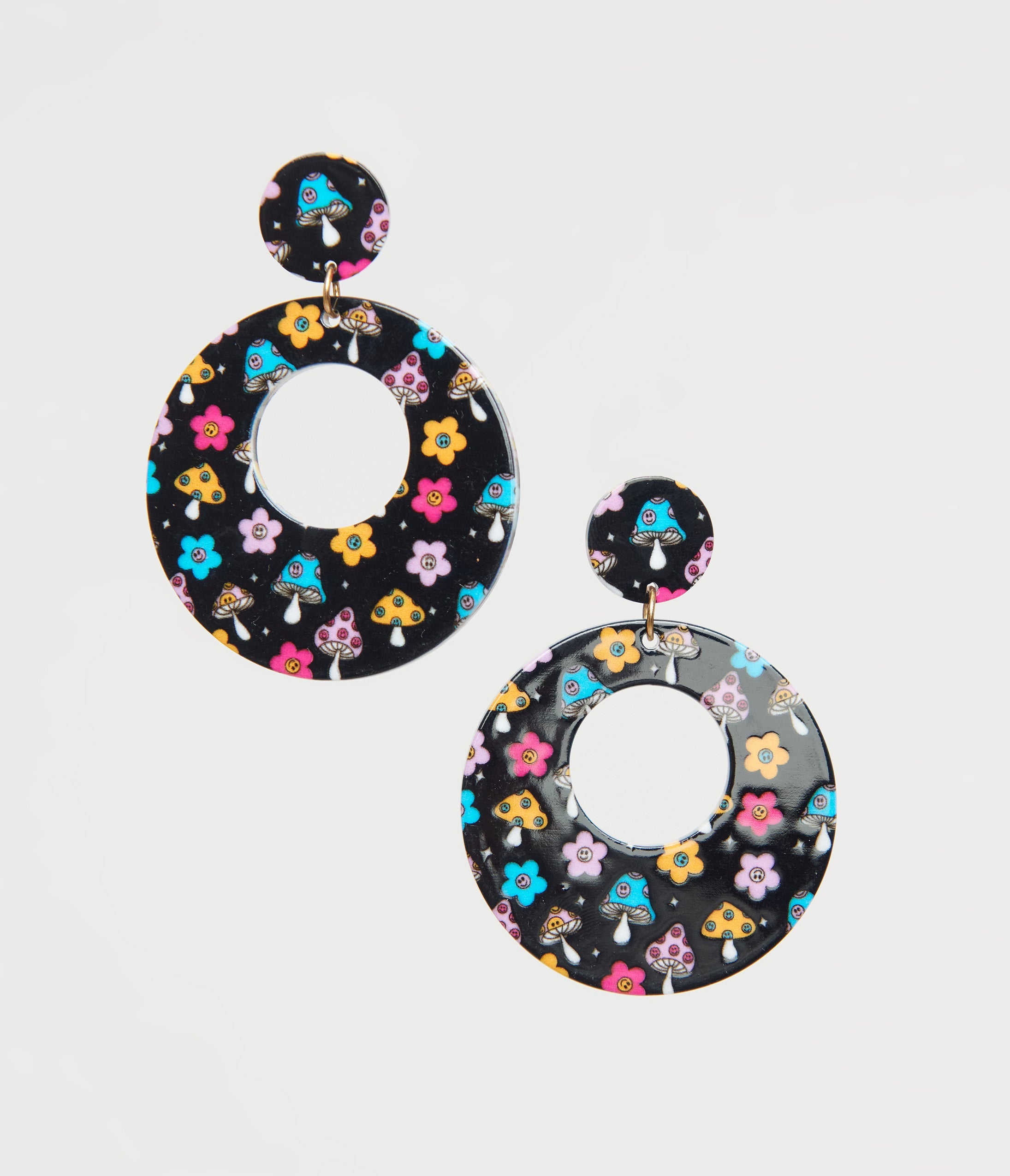 1970s Black Mushroom & Floral Print Hoop Earrings