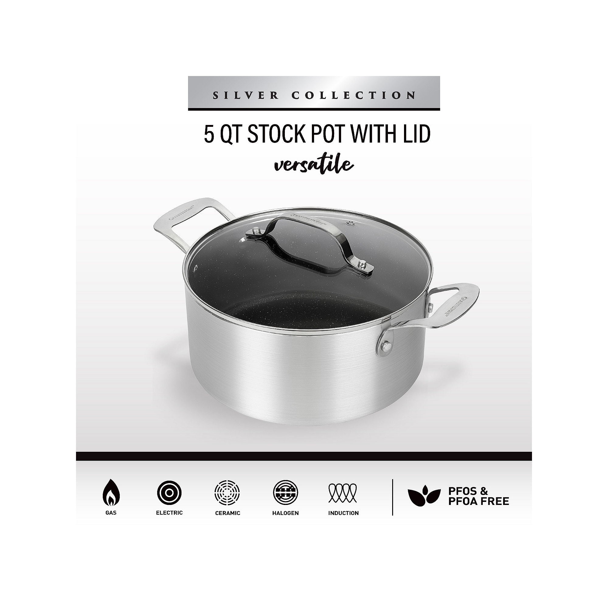 Granitestone Silver 5-Qt. Nonstick With Tempered Glass Lid Aluminum Dishwasher Safe Non-Stick Stockpot - SILVER ONE SIZE