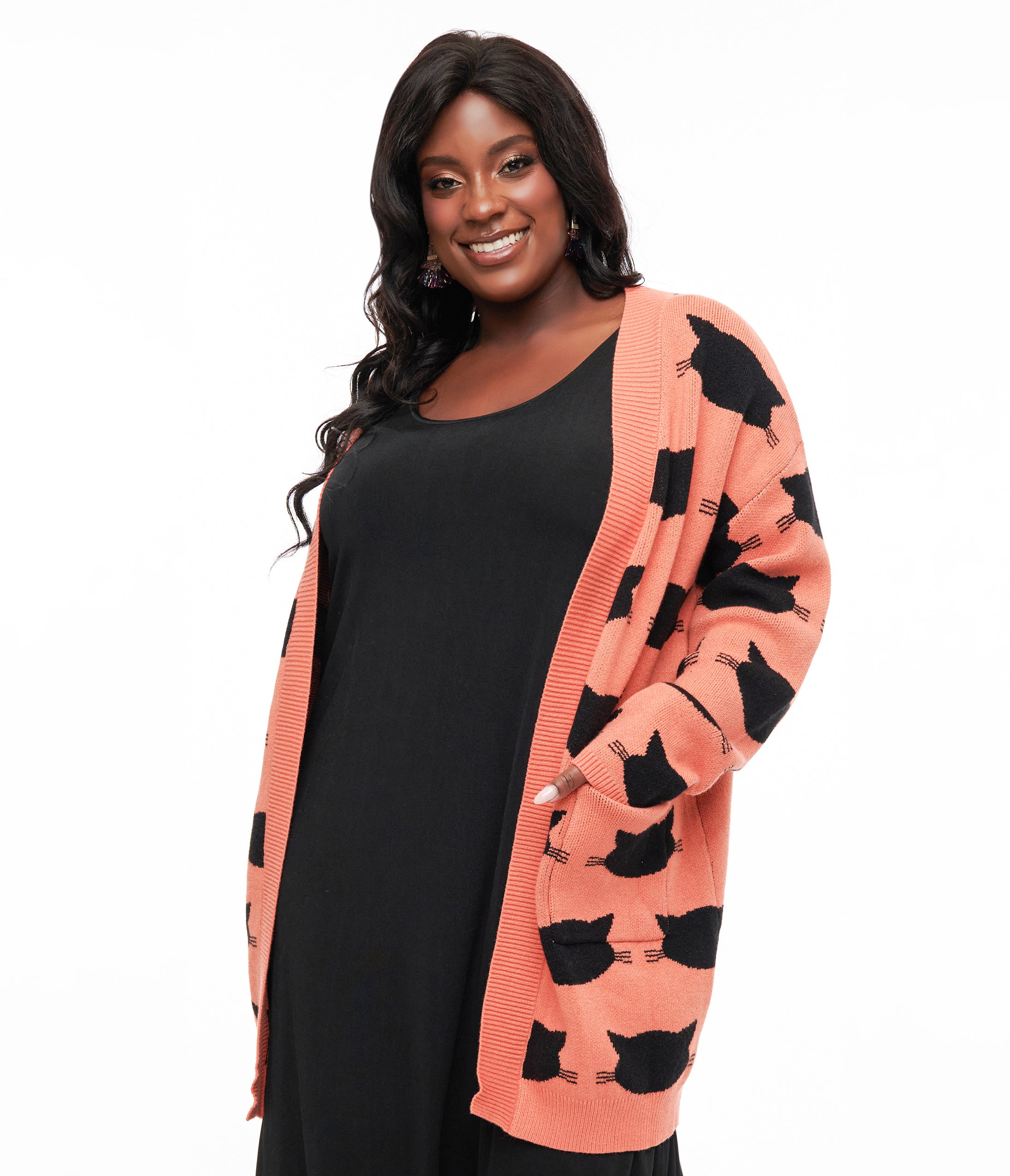 Magnolia Place Plus Size Orange & Black Cat Cardigan