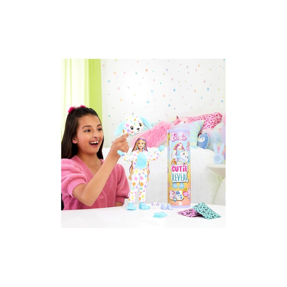 Mattel HRK41 Barbie Cutie Reveal Doll & Accessories, Rainbow Dalmation Costume & 10 Surprises Including Color Change