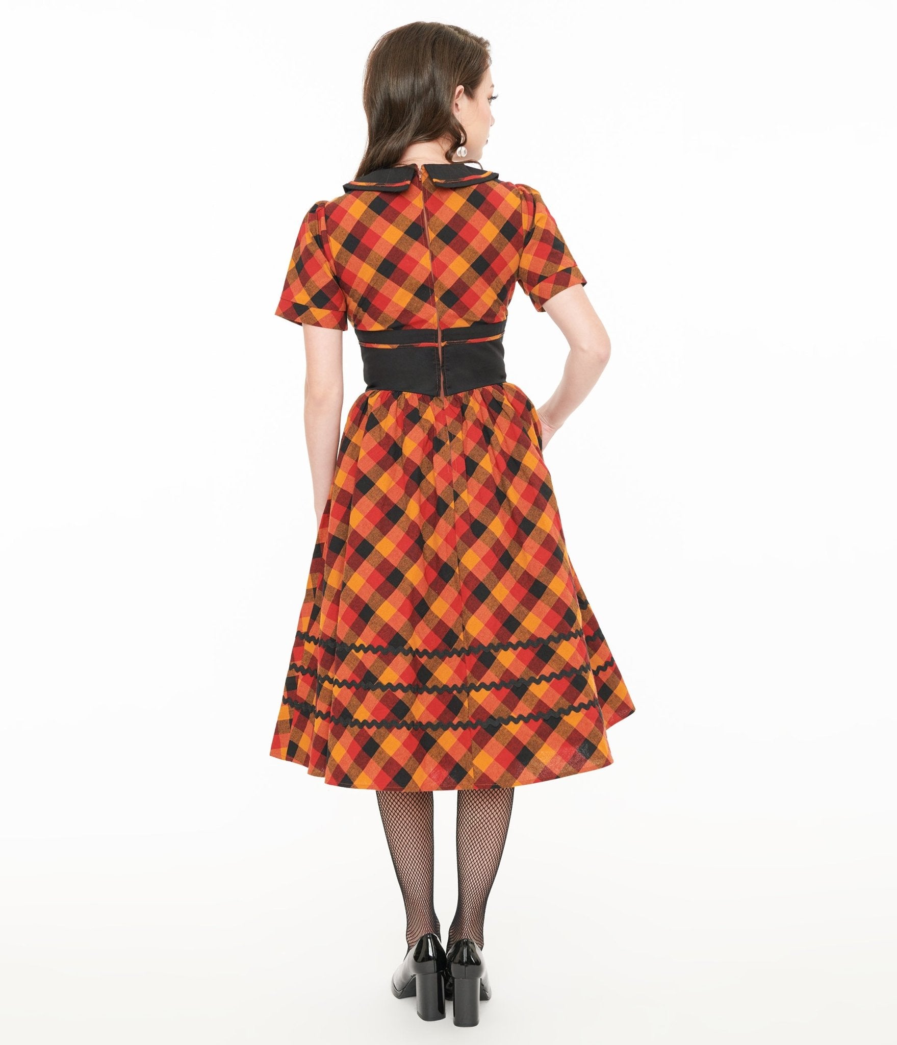 Unique Vintage 1950s Orange & Red Plaid Peter Pan Collar Swing Dress