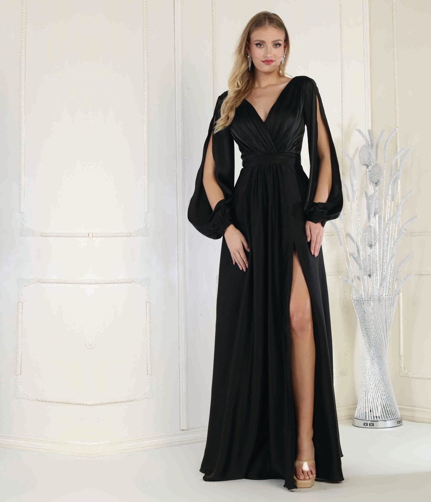 Black Satin Long Sleeve Goddess Gown