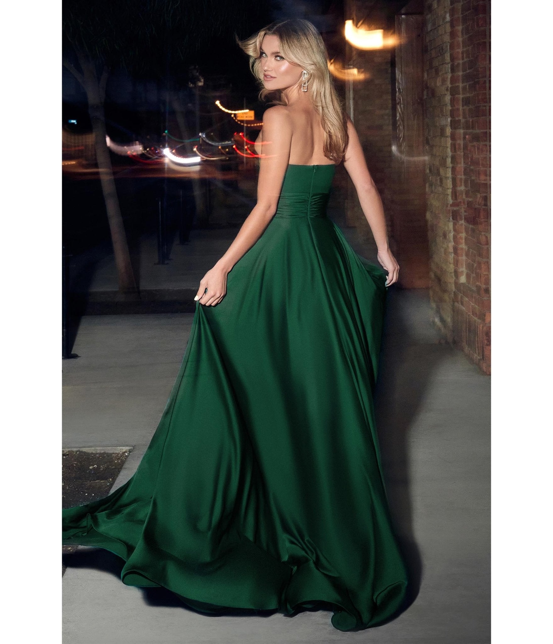 Ladivine by Cinderella Divine Hunter Green Satin Strapless Keyhole Evening Gown