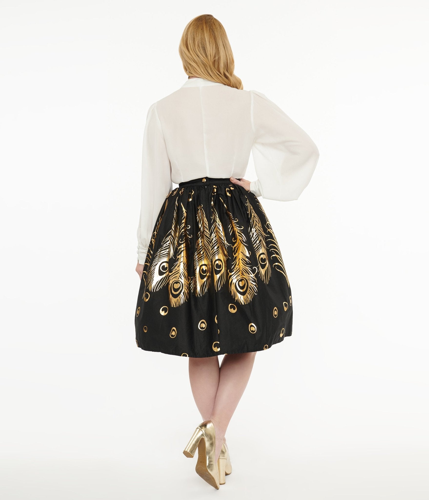 Unique Vintage 1950s Black & Gold Foil Feather Gellar Swing Skirt