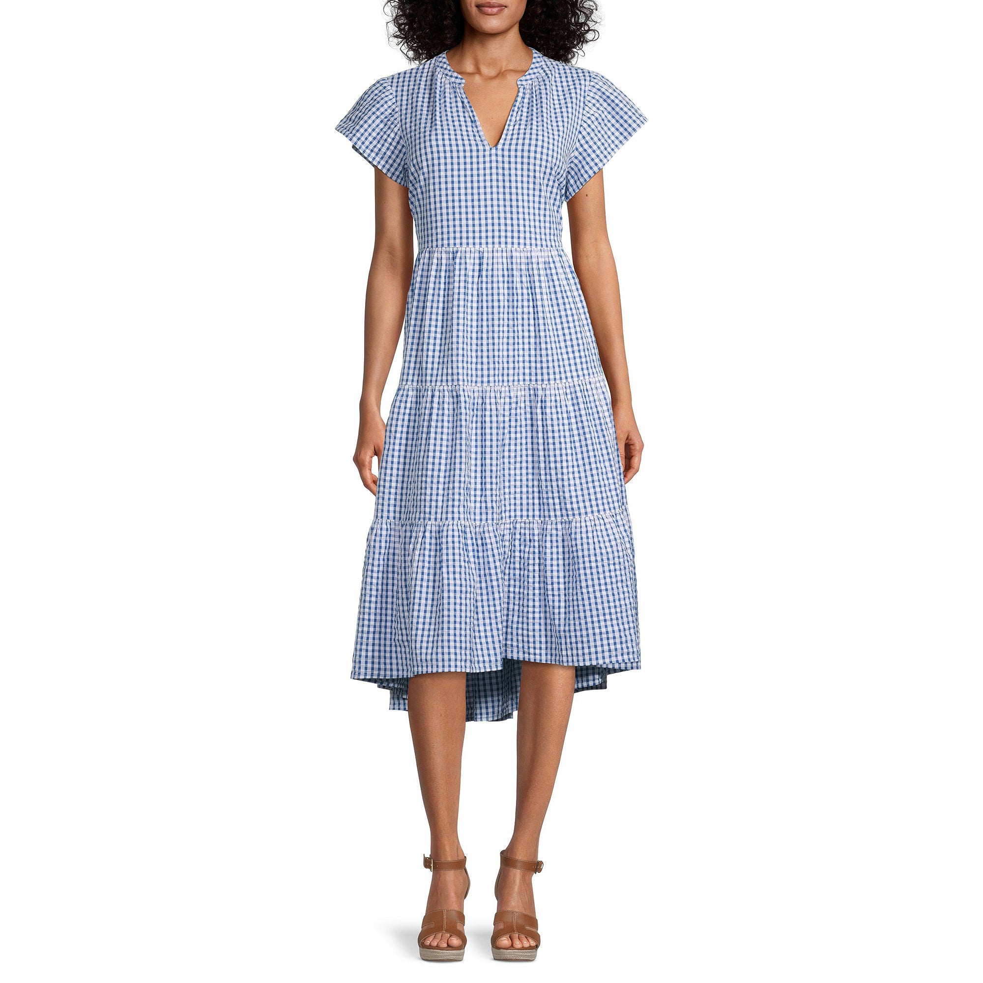 St. John`S Bay St. John's Bay Short Sleeve Midi Fit + Flare Dress - BLUE CHECK X-LARGE PETITE