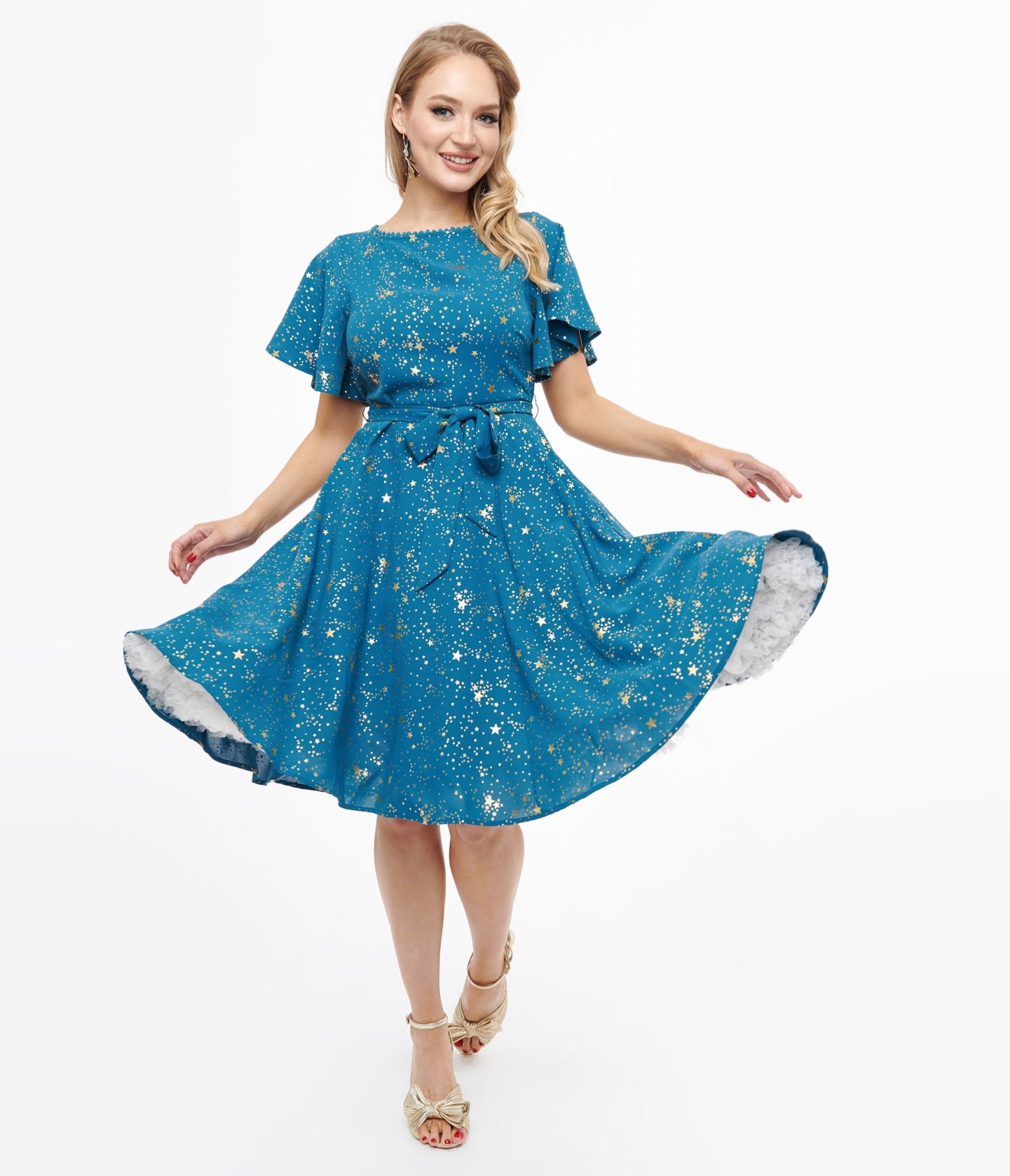 Unique Vintage 1930s Teal & Gold Star Swing Dress