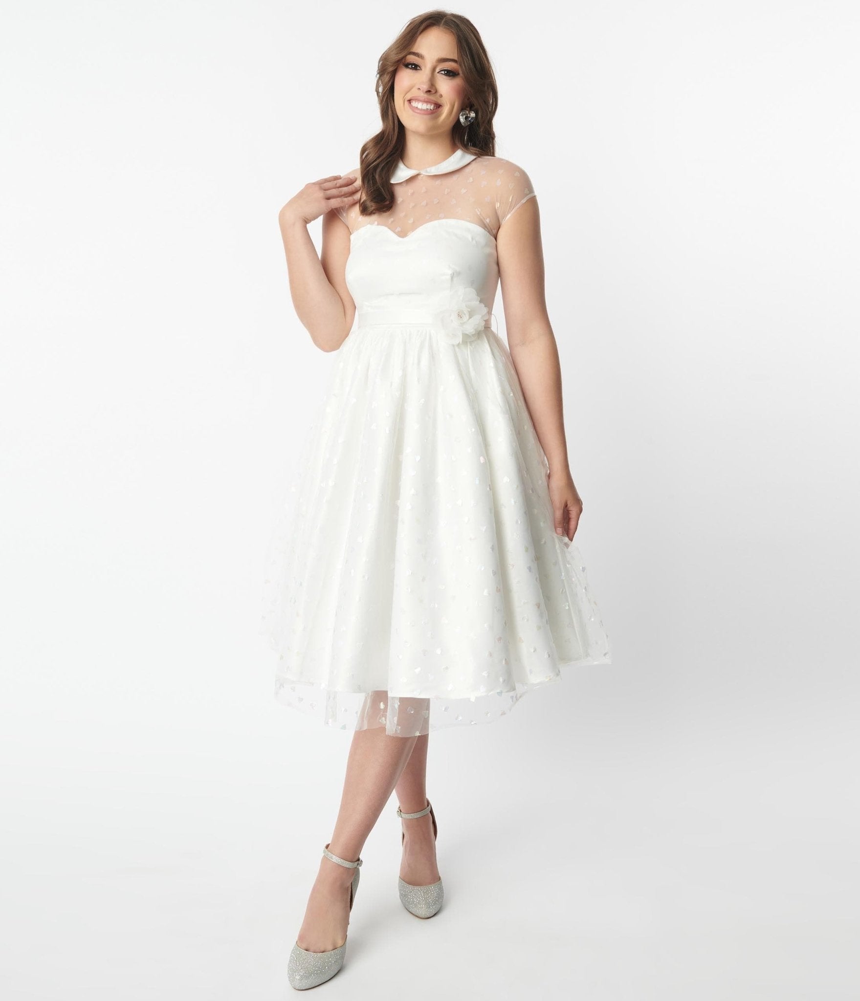 Unique Vintage White & Iridescent Heart Bridal Swing Dress