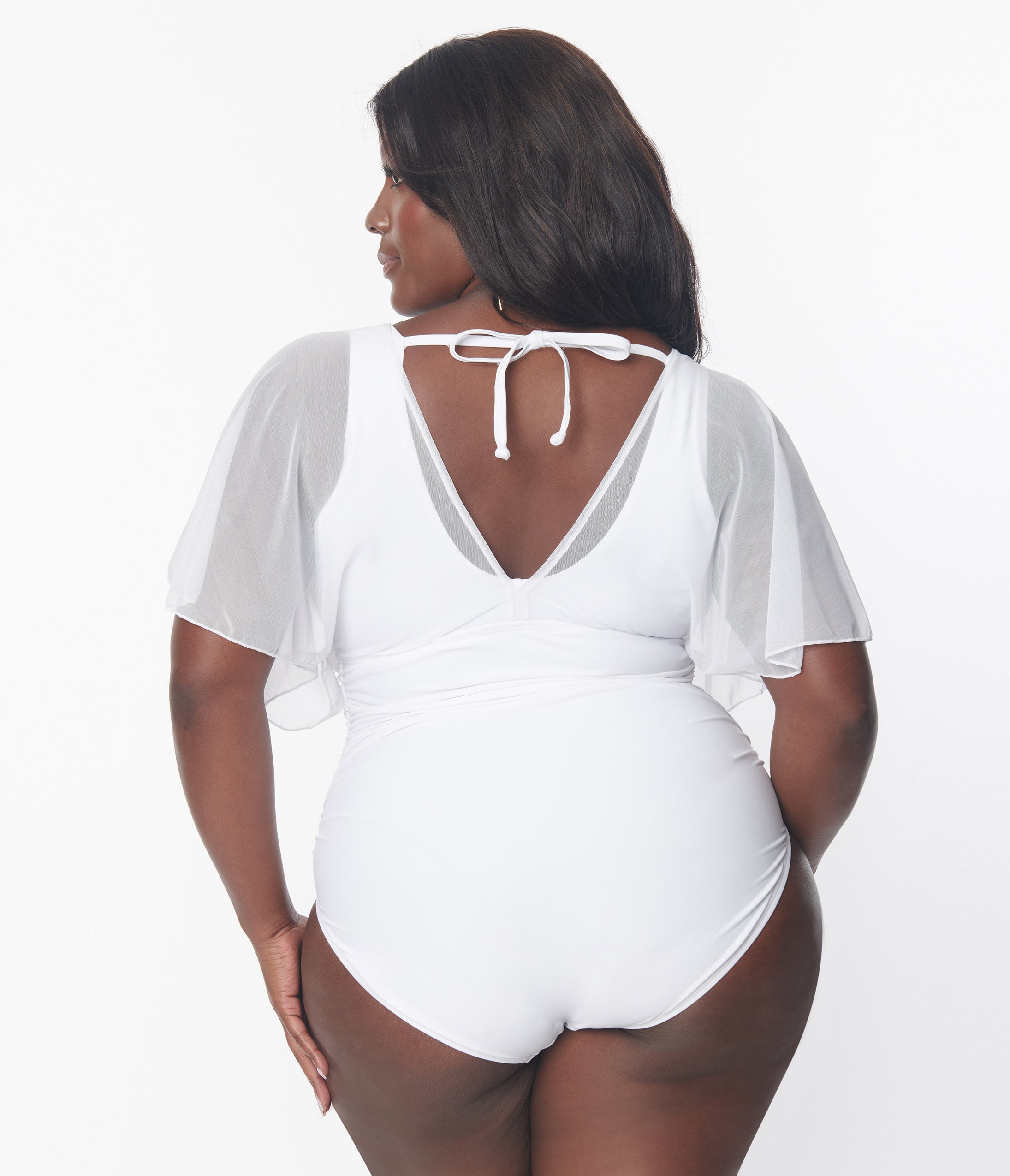 Unique Vintage Plus Size White Mesh Sleeved Torrey Swimsuit