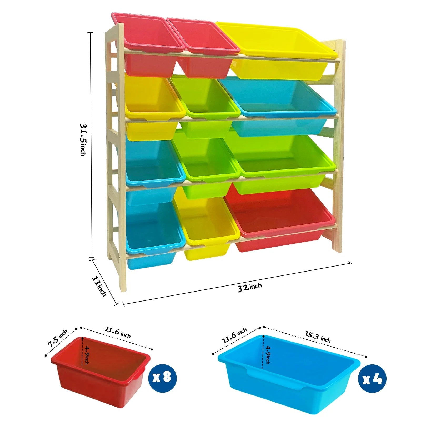 Olizee OLIWJSNJ-1 Kids Toy Storage Organizer W/12 Plastic Storage Bins, Red/Yellow/Blue/Green