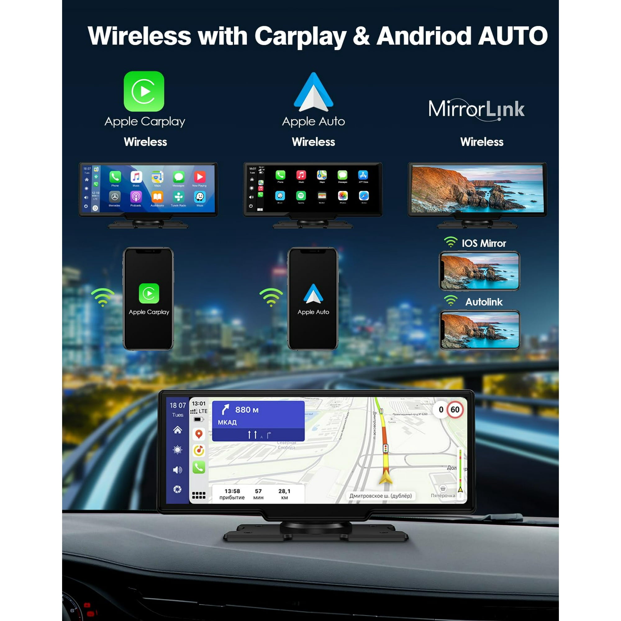 Lamtto RC06 9.26 Wireless Car Stereo Apple Carplay with 2K Dash Cam 1080P Backup Camera, Black