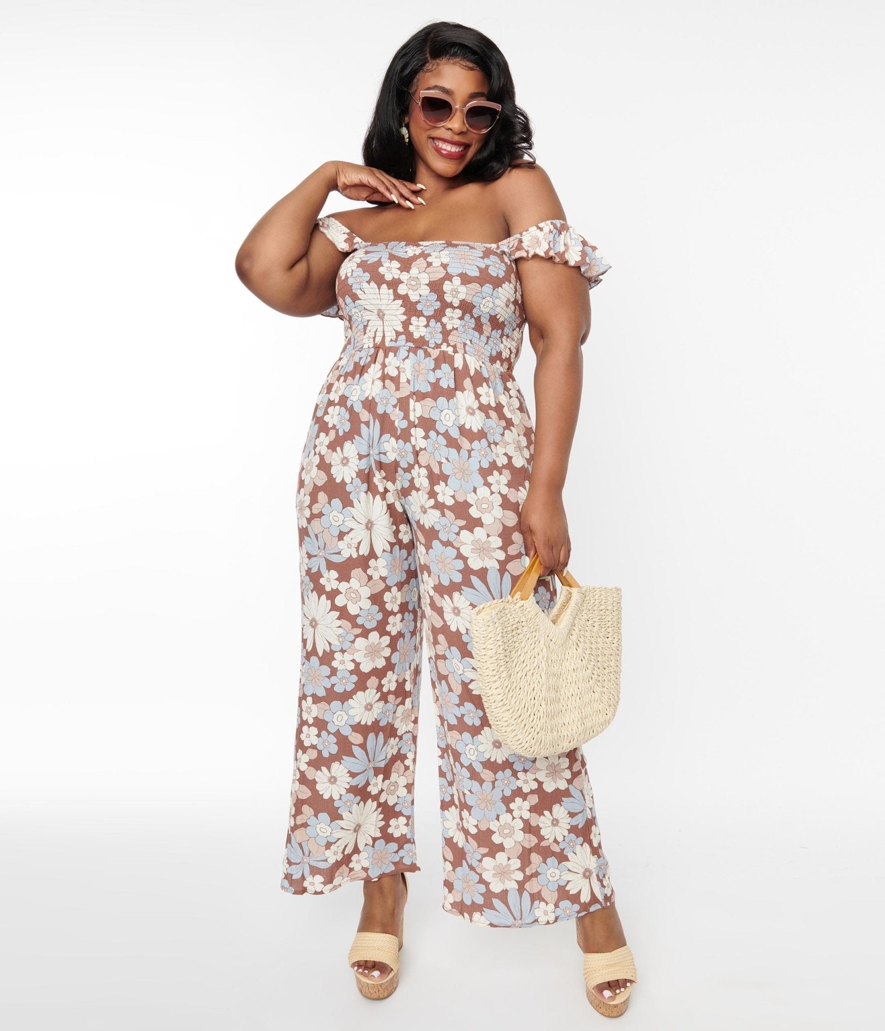 Plus Size Brown & Muted Florals Off The Shoulder Jumpsuit