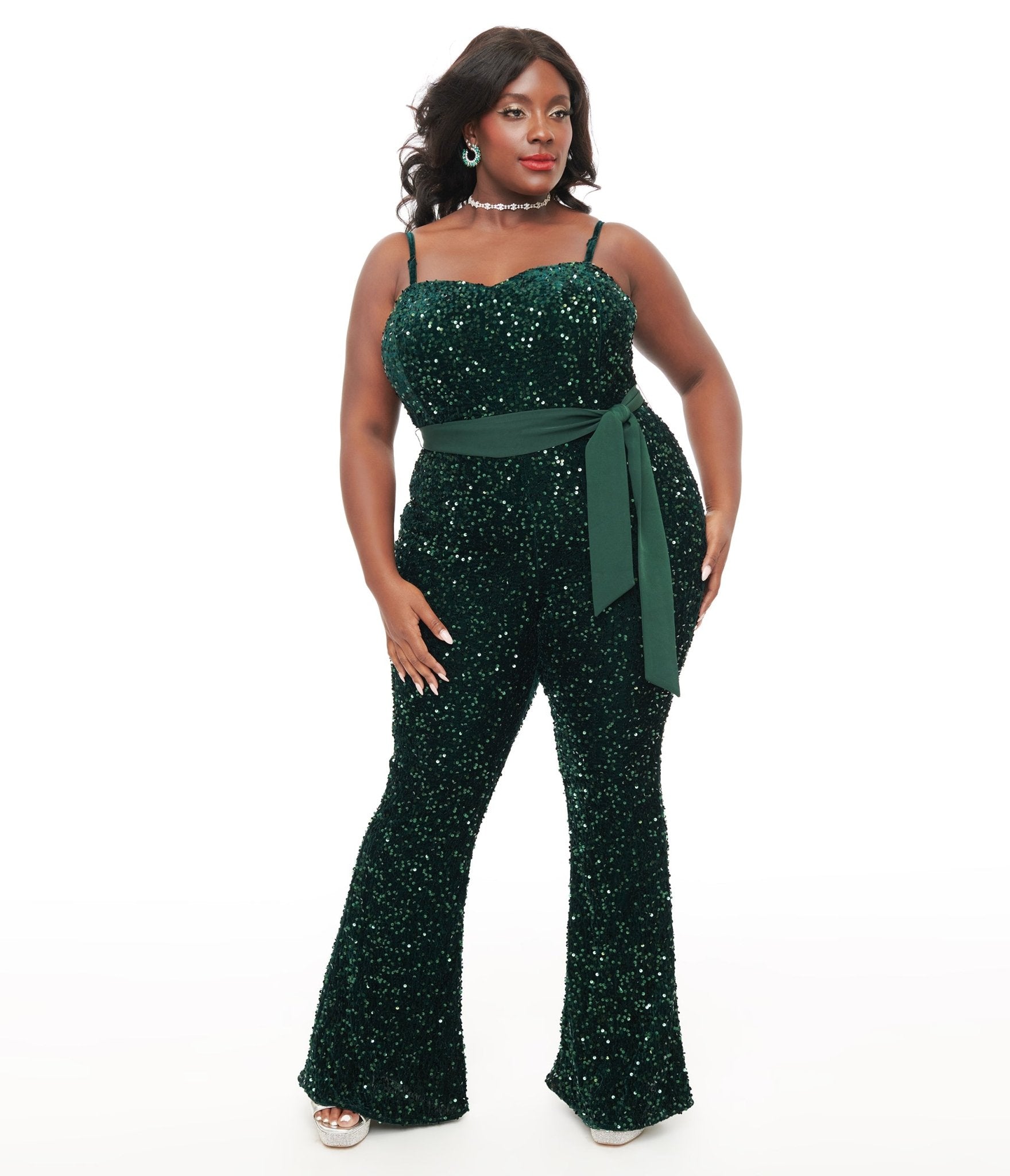 Unique Vintage Plus Size 1960s Green Sequin Flare Jumpsuit