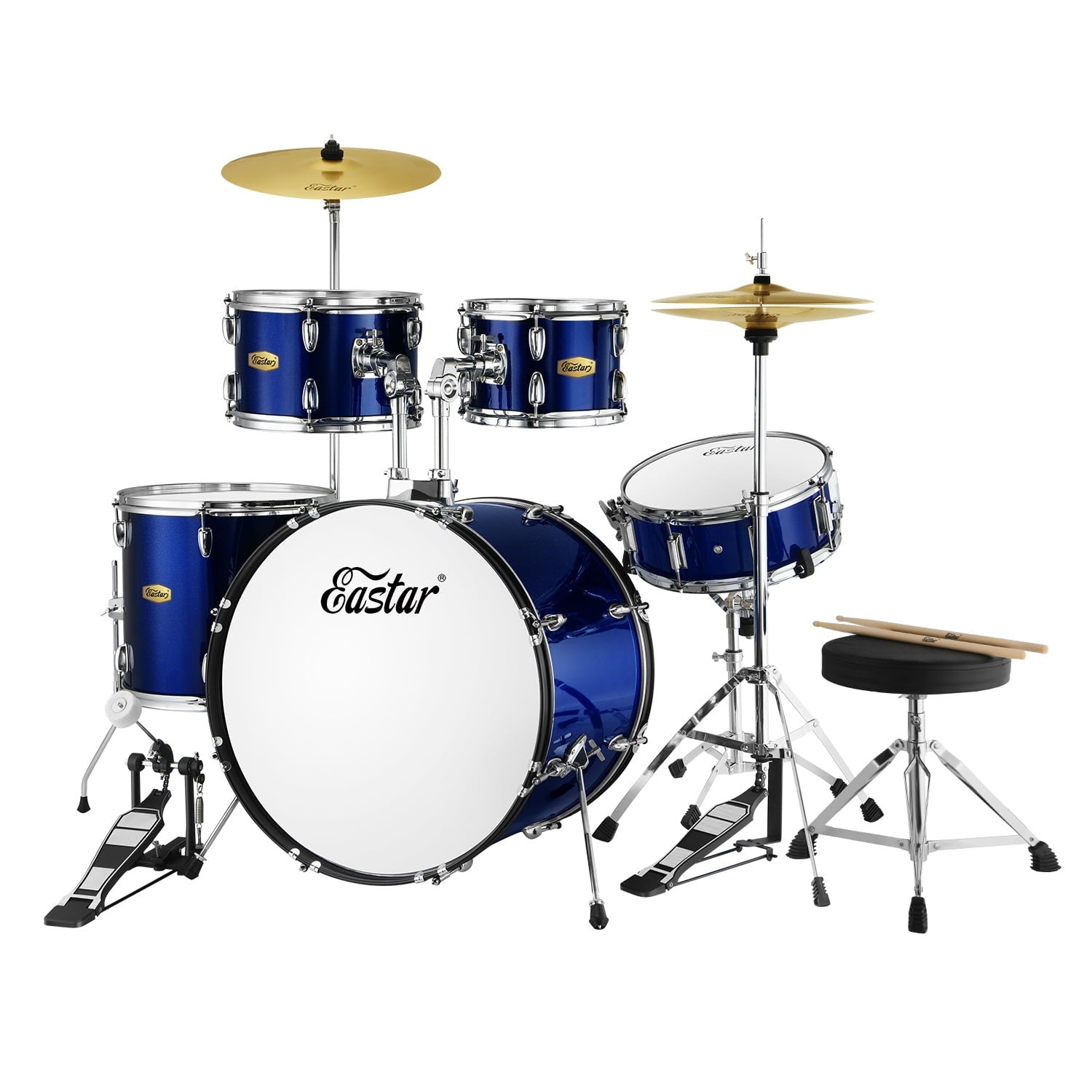 Eastar EDS-485B 22 Drum Set Kit Full Size 5 Piece w/Cymbals Stands Stool & Sticks, Metallic Blue