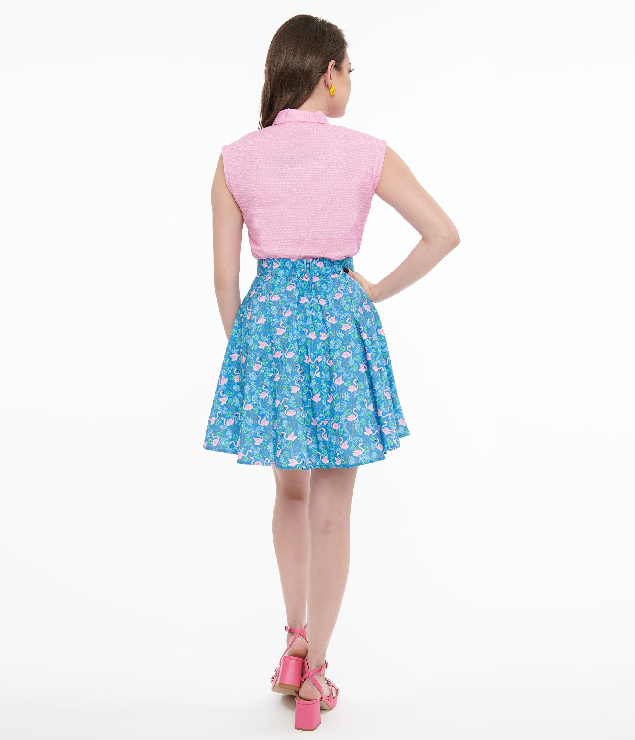 Retrolicious 1950s Blue & Pink Flamingo Print Cotton Skater Skirt