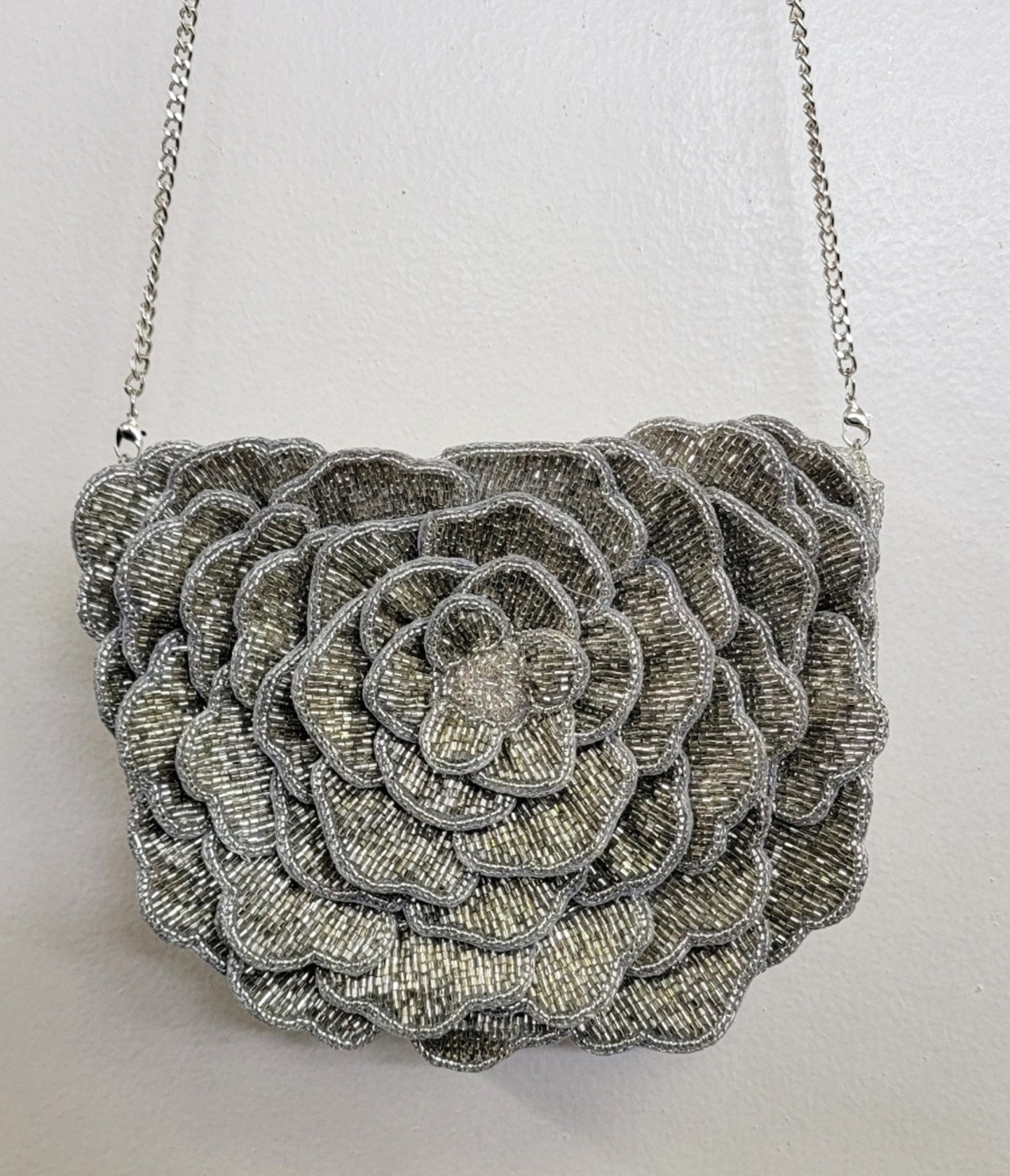 Silver Flower Beaded Crossbody Bag