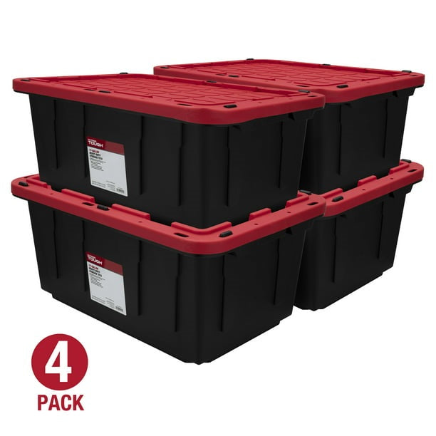 Hyper Tough 206252 17 Gallon Snap Lid Plastic Storage Tote, Black Base/Red Lid, Set of 4