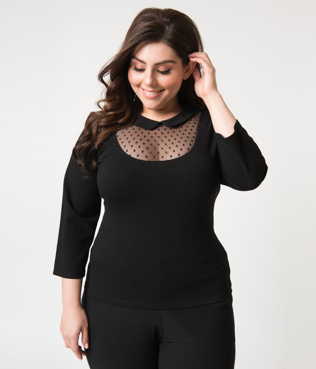 Unique Vintage Plus Size Black Mesh & Swiss Dot Stretch Knit Fitz Top