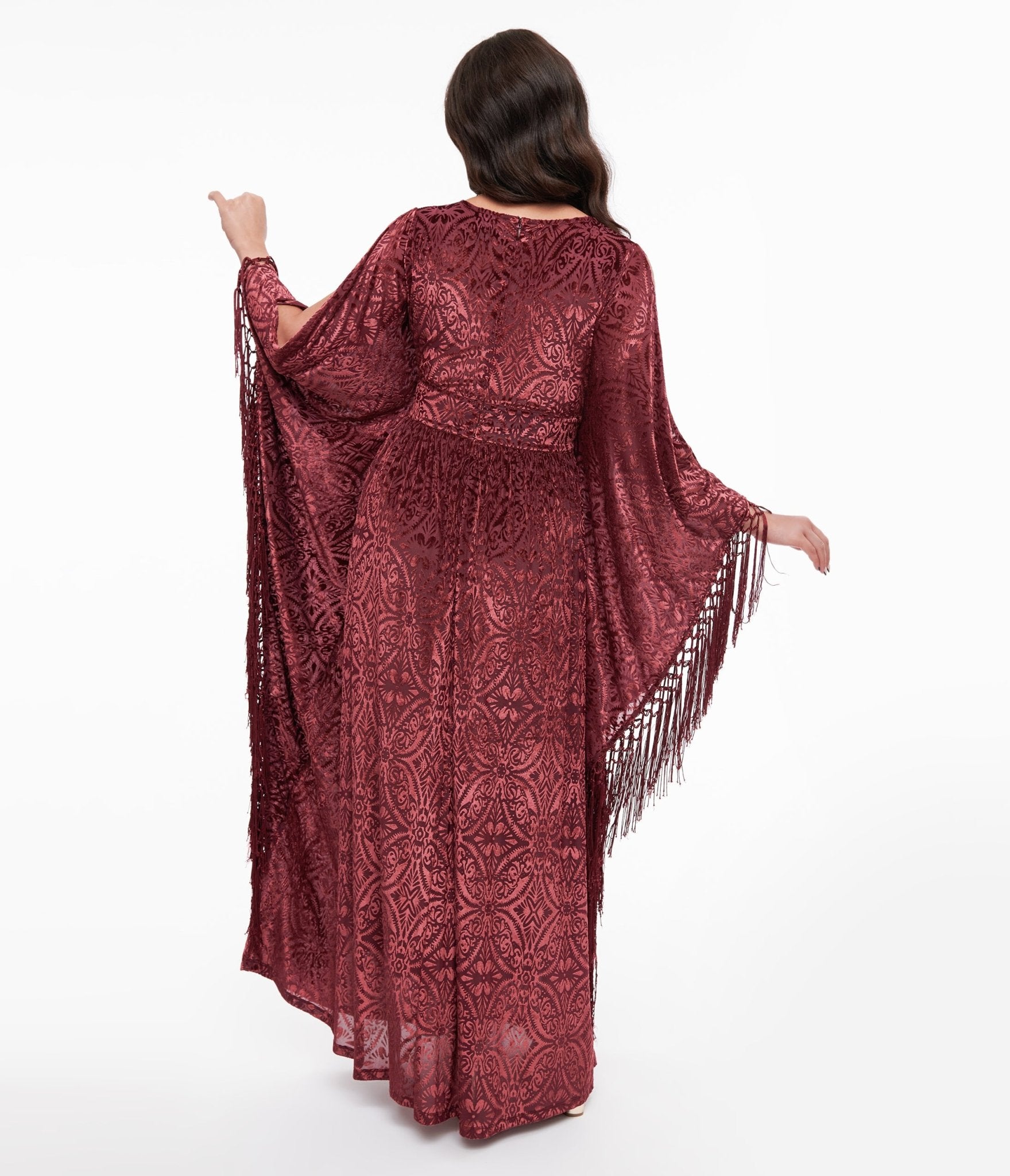 Unique Vintage 1960s Burgundy Velvet Burnout Caftan