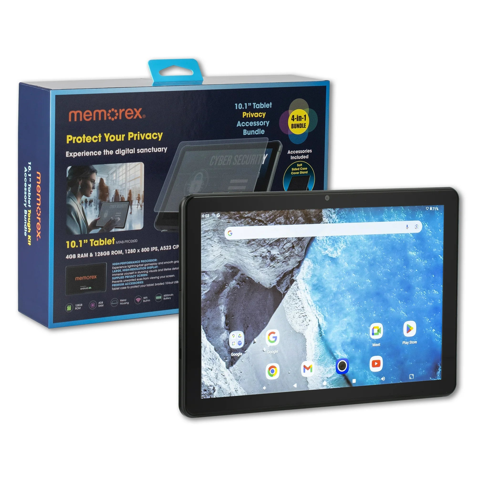 Memorex Mxtab101b 4-in-1 Bundle 10.1 HD IPS Android 14 8-Core 128GB Tablet With Case & Stand