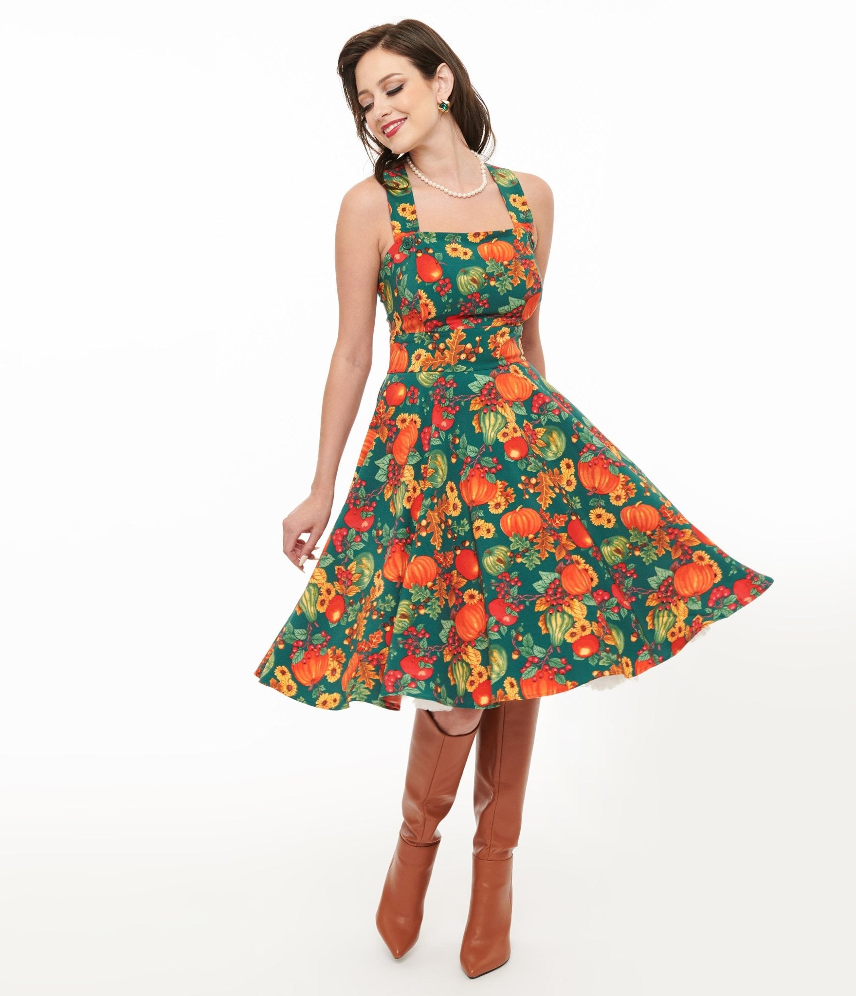 Hell Bunny 1950s Green & Orange Leaf Pinafore Swing Dress